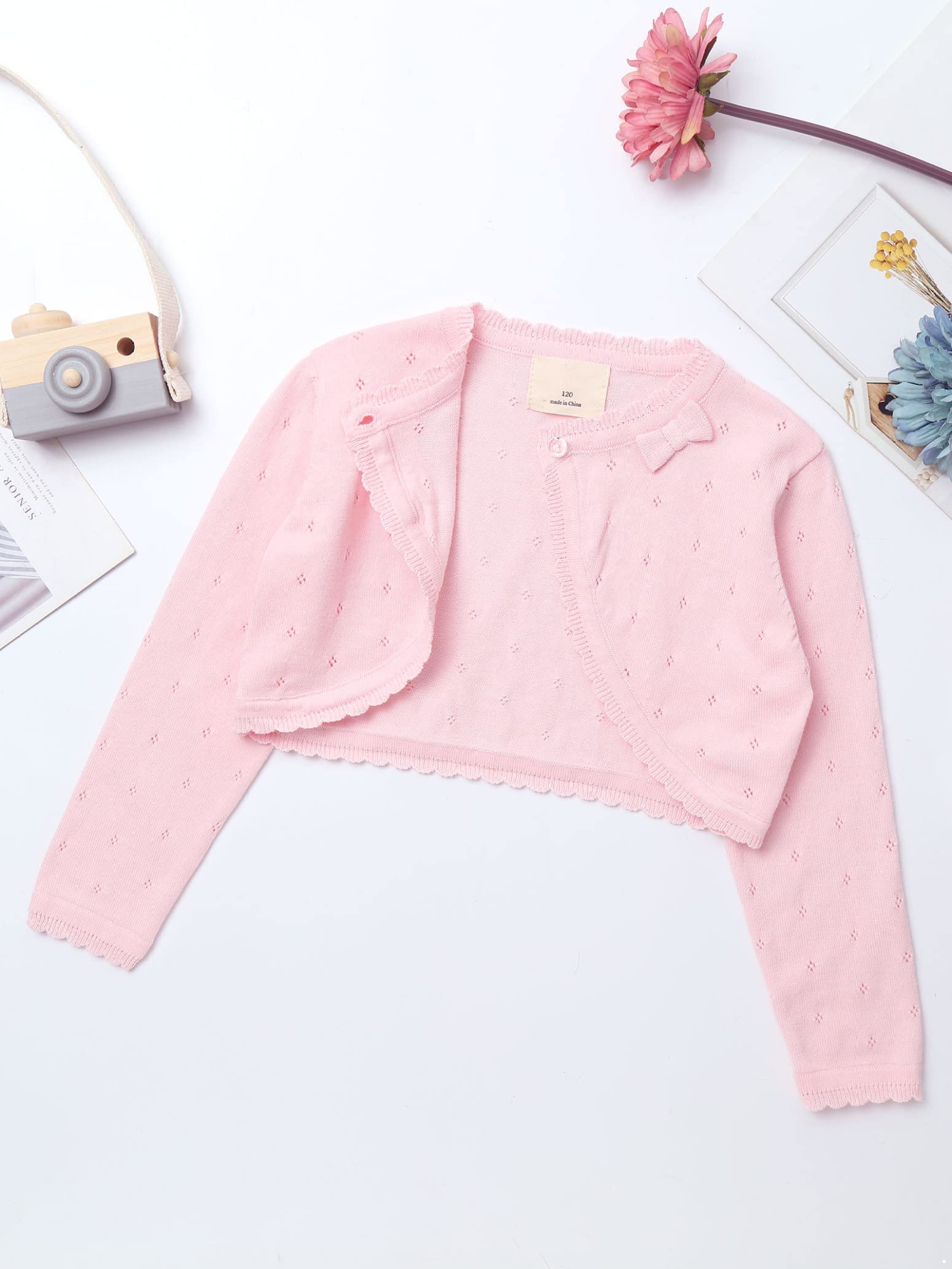 Girls Long Sleeve Knitted Bolero Cardigan - Pink Wedding Cover Up for Flower Girls (Age 8) | Perfect for Bridal Parties, Christenings & Special Occasions