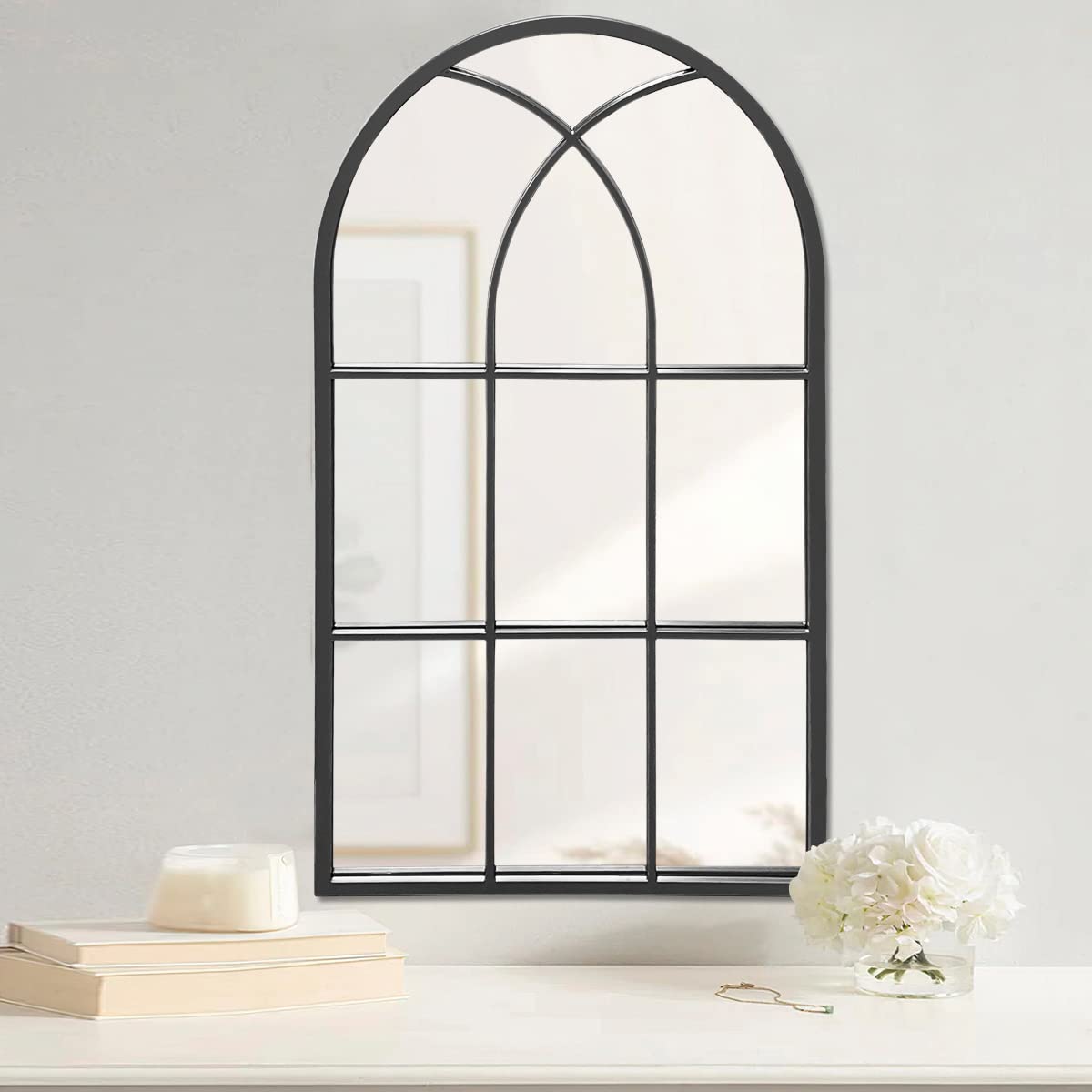 24x38 Inch Arched Wall Mirror - Black Farmhouse Bathroom Mirror with Metal Frame for Living Room & Bedroom | Elegant Windowpane Design for Home Decor & Vanity Use