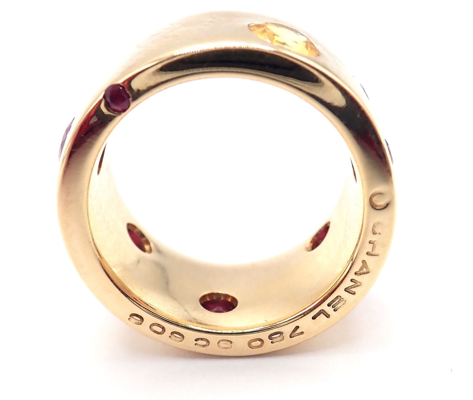 Authentic Chanel 18k Yellow Gold Ruby & Yellow Sapphire Wide Band Ring - Size 5 | Luxury Fashion Jewelry for Women, Perfect for Weddings, Parties & Special Occasions