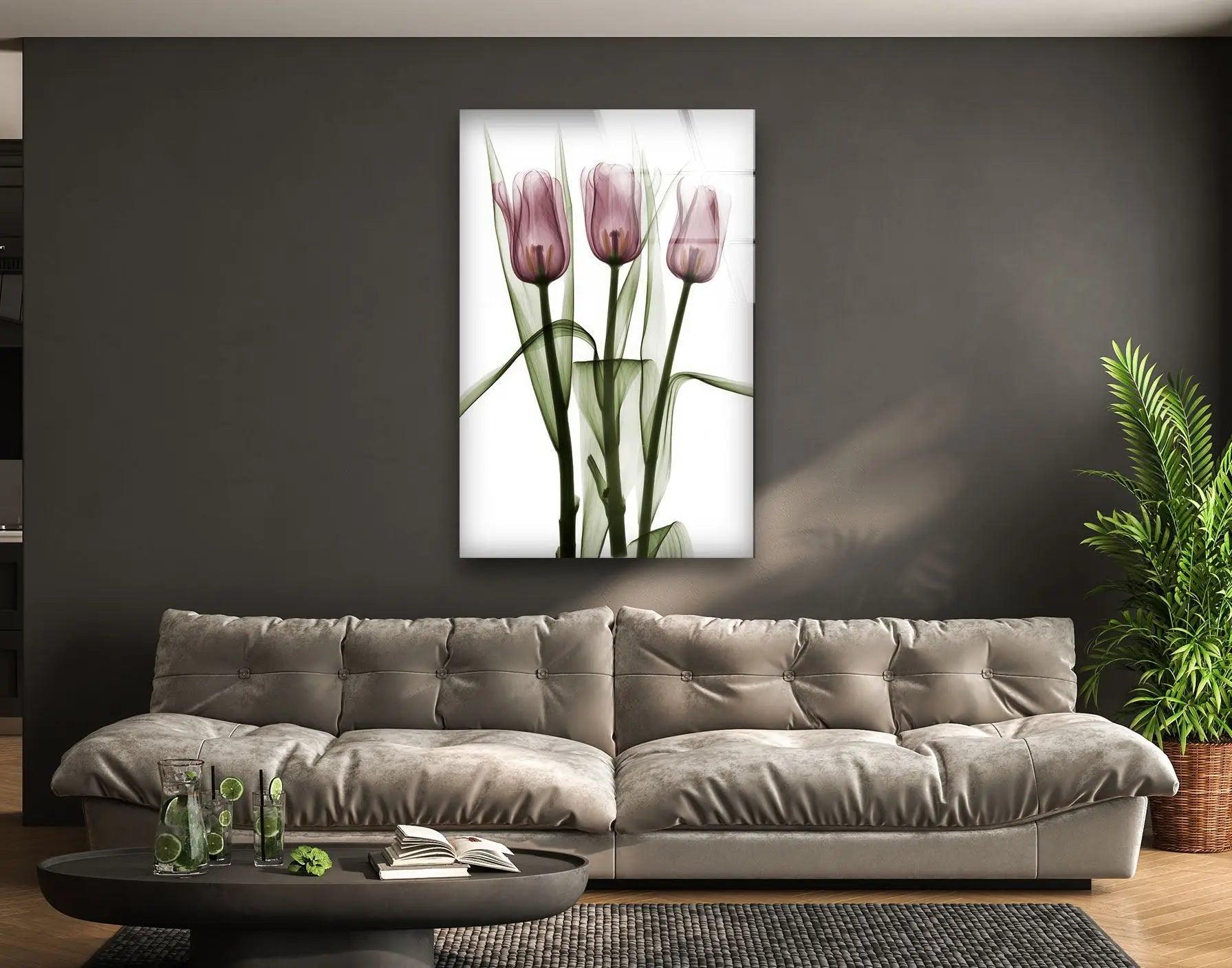 Albert Koetsier Triplet Tulips Stained Glass Wall Art - Handcrafted Floral Home Decor for Living Room, Bedroom & Office