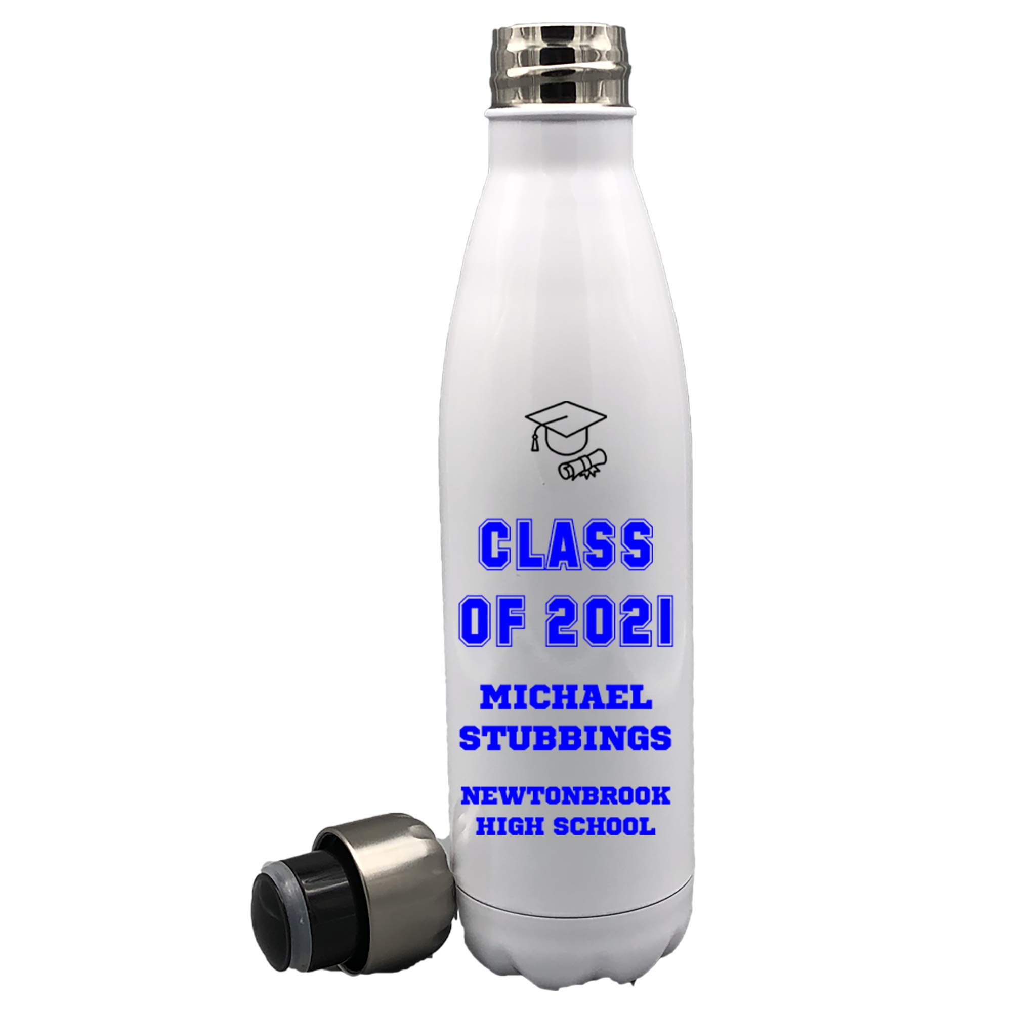 Personalized 2021 Graduation Water Bottle - Custom Class of 2021 Gift for Boys & Girls - Blue & White - Perfect for School, College Ceremonies & Graduation Parties