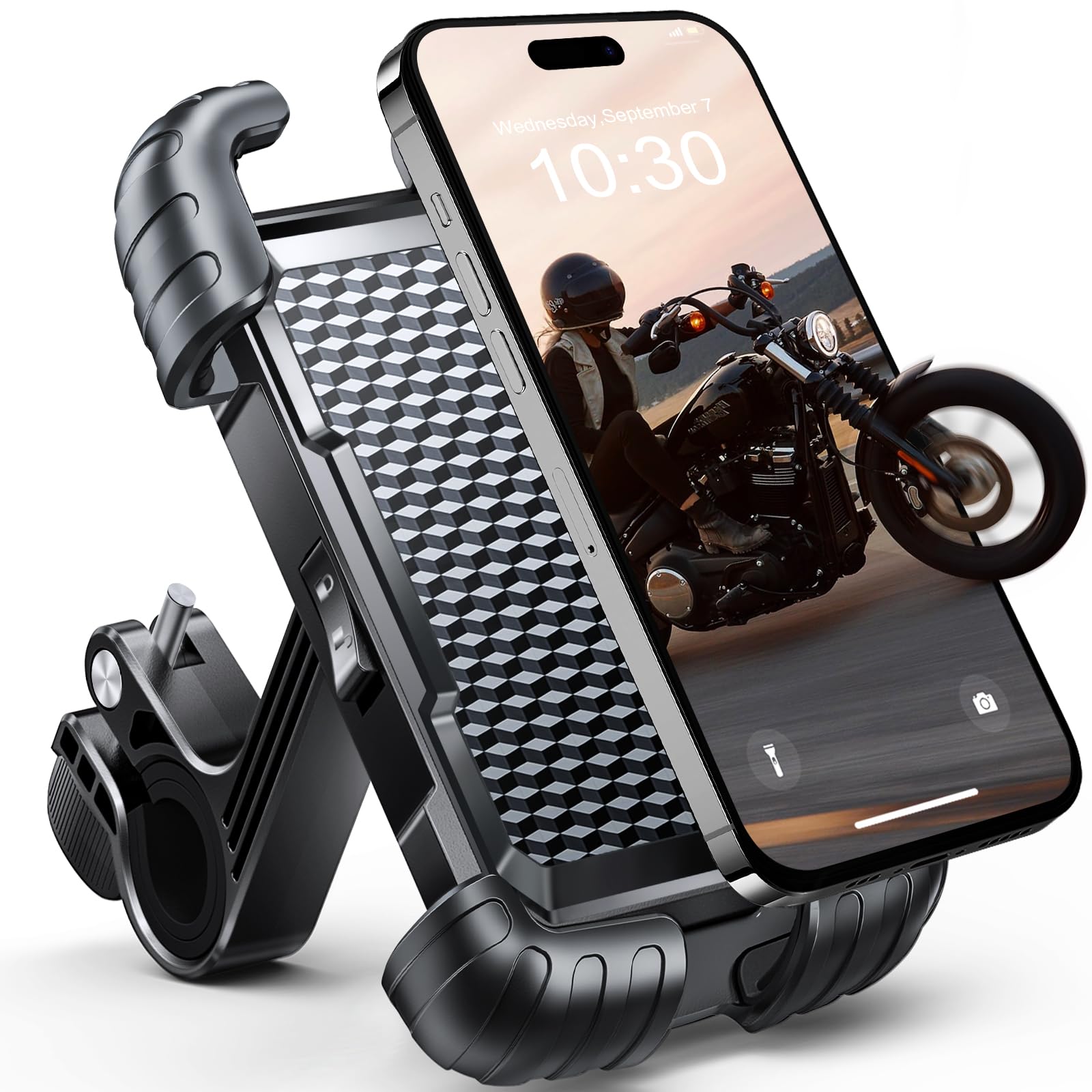 URBANITE Universal Bike Phone Holder - Heavy Duty Metal Arm Motorcycle & Bicycle Handlebar Mount for iPhone 15 Pro Max/14/13, Samsung Galaxy - Fits 5.7-7.8