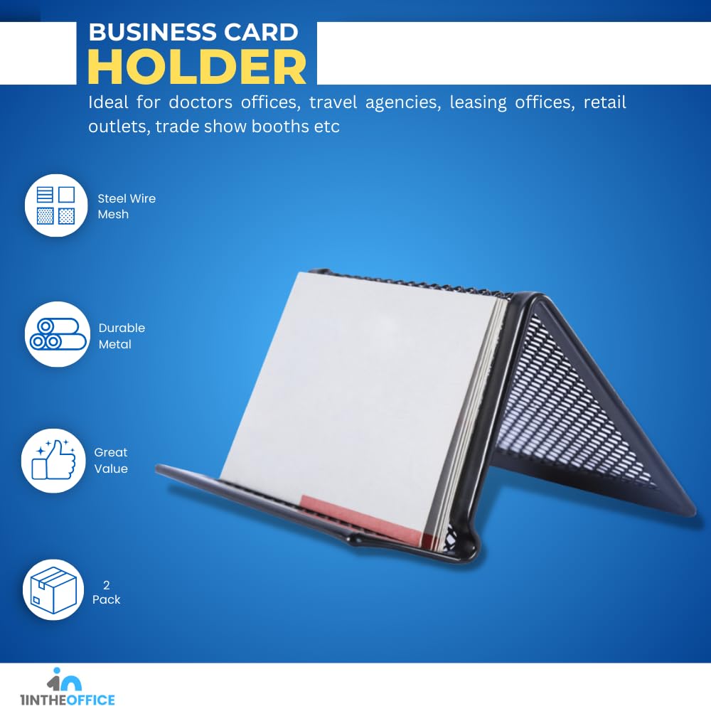 1InTheOffice Mesh Business Card Holder Stand - 2 Pack Black Desk Organizer with 1 Compartment | Perfect for Office, Reception & Professional Workspaces