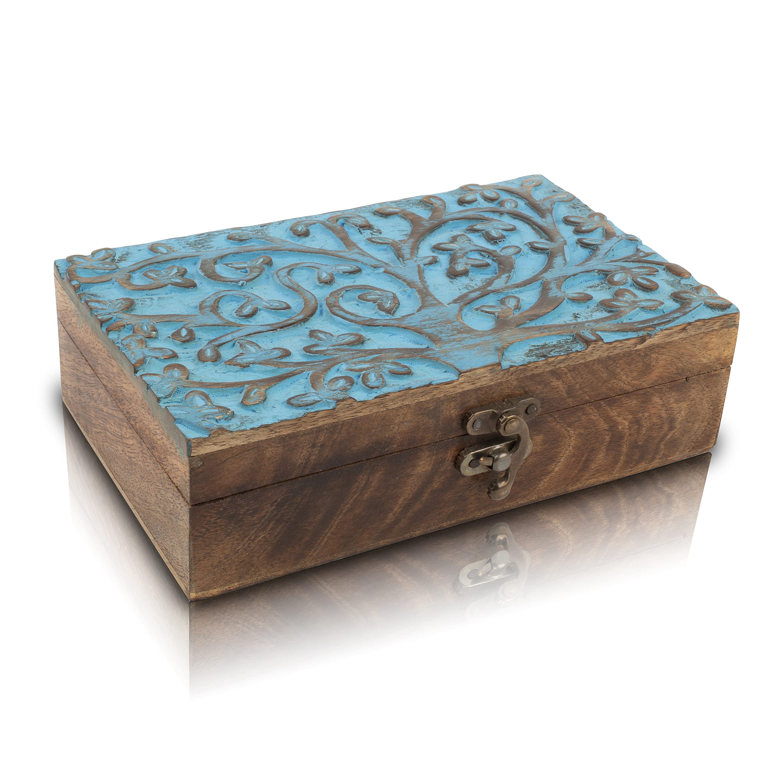 Handmade Wooden Jewelry Box with Tree of Life Carving - Blue Jewelry Organizer, Keepsake Box & Watch Storage | Perfect Birthday, Housewarming Gift for Women | Jewelry Display & Home Decor Accessory