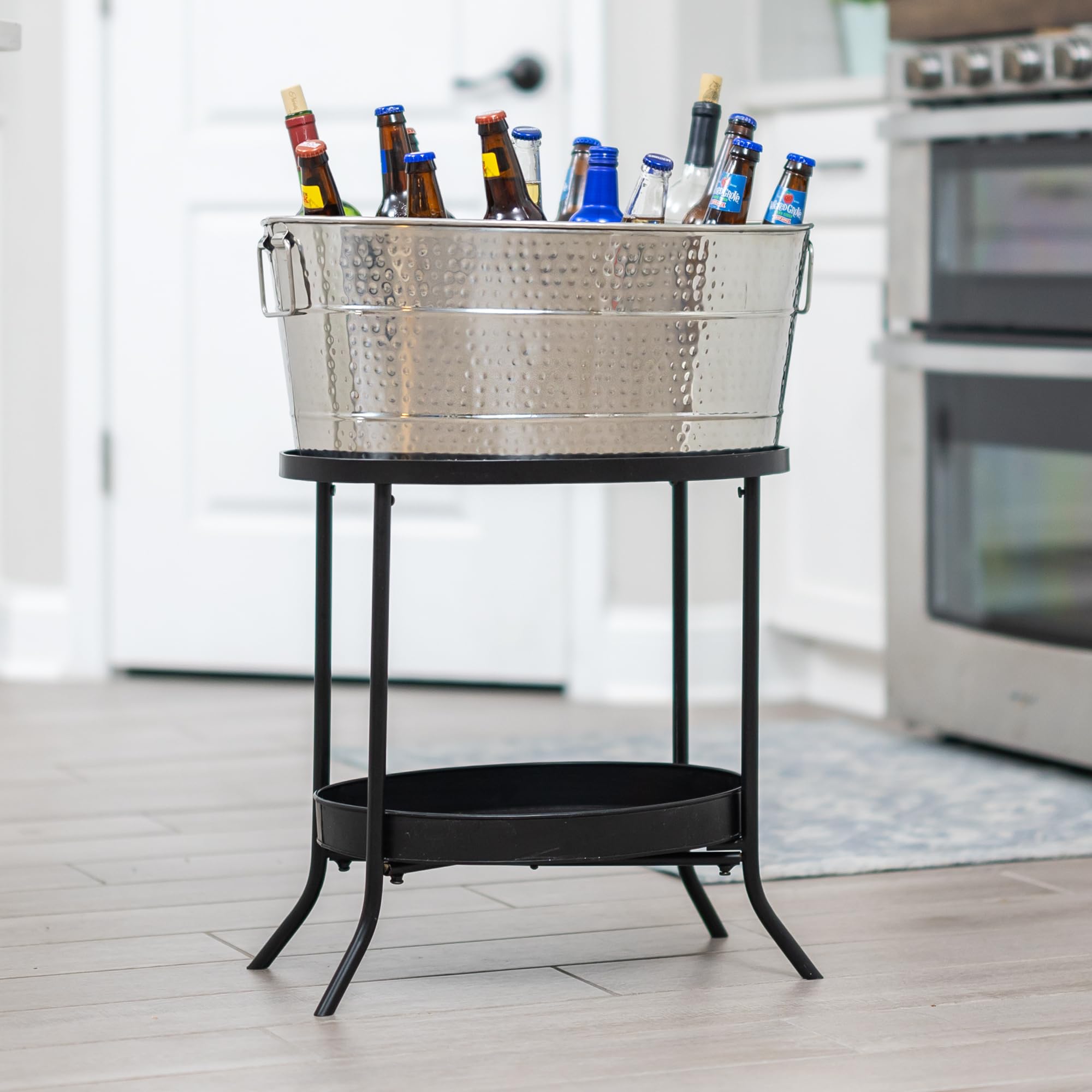 BREKX 25-Quart Aspen Hammered Stainless Steel Beverage Tub with Metal Stand - Premium Ice Bucket & Drink Cooler for Parties, Weddings, BBQs, and Outdoor Events