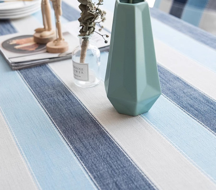 Blue Stripe Rectangular Tablecloth for Oval Table - Cotton Linen Blend Table Cover for Coffee & Dining Room - Modern Home Decor for Parties & Everyday Use