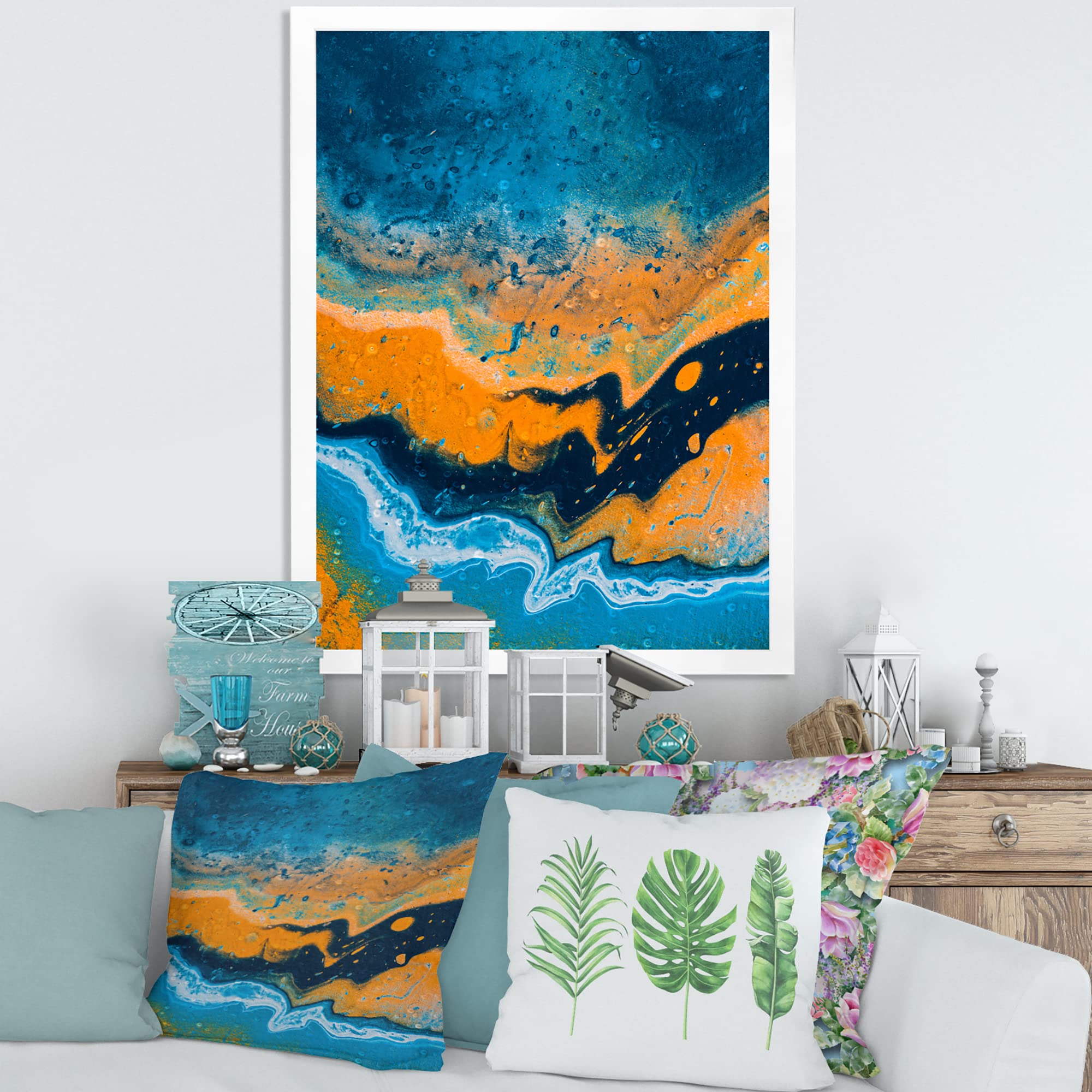Abstract Marble Wall Art in Blue & Orange - Modern Framed Canvas Painting for Living Room, Bedroom & Office Decor | DesignQ Collection