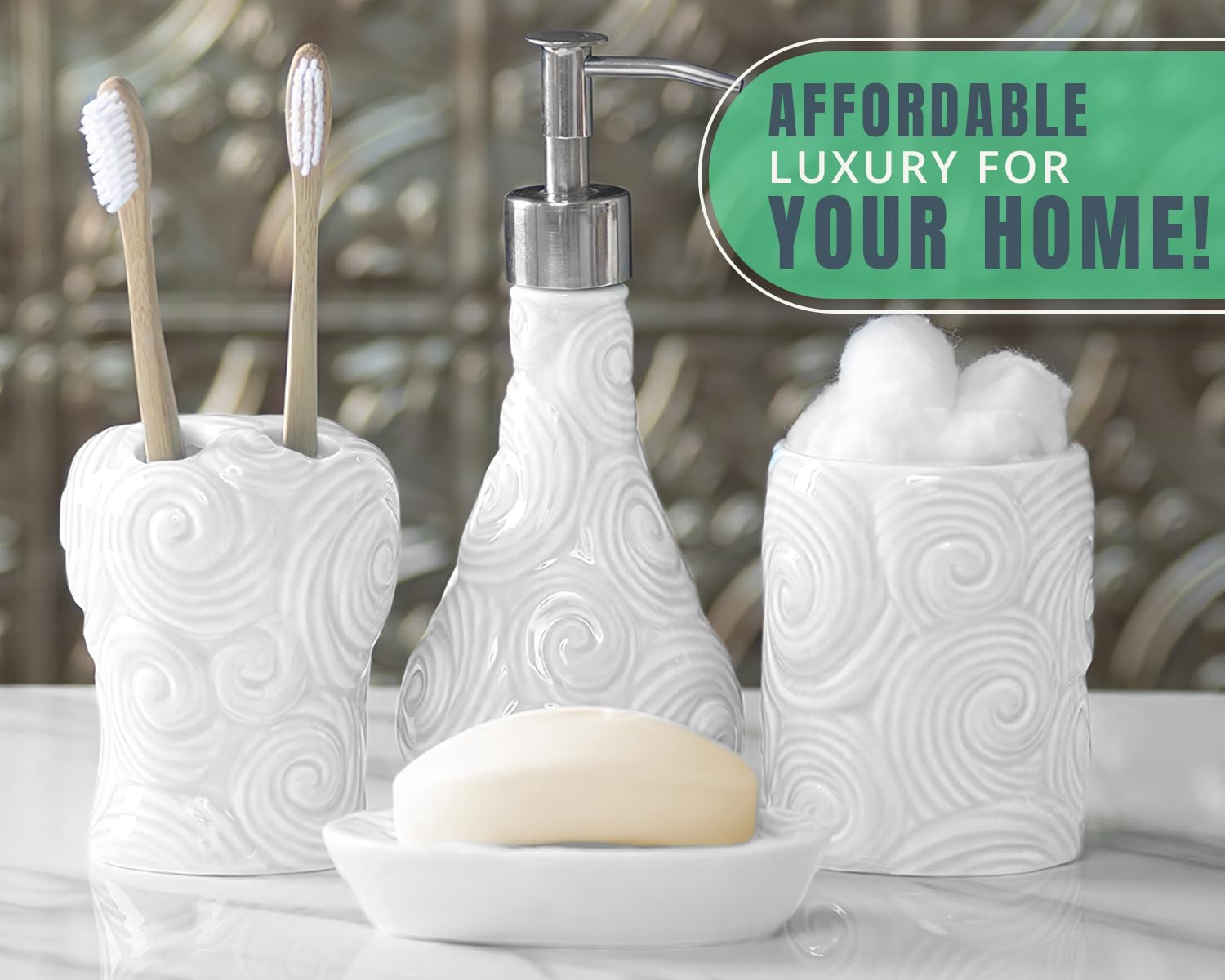 Comfify Designer 4-Piece Bathroom Accessories Set - Porcelain Soap Dispenser, Toothbrush Holder, Tumbler & Soap Dish - Glossy White Finish with Ocean Wave Design - 15.6oz Capacity - Perfect for Modern Bathrooms, Guest Suites & Spa-Style Decor