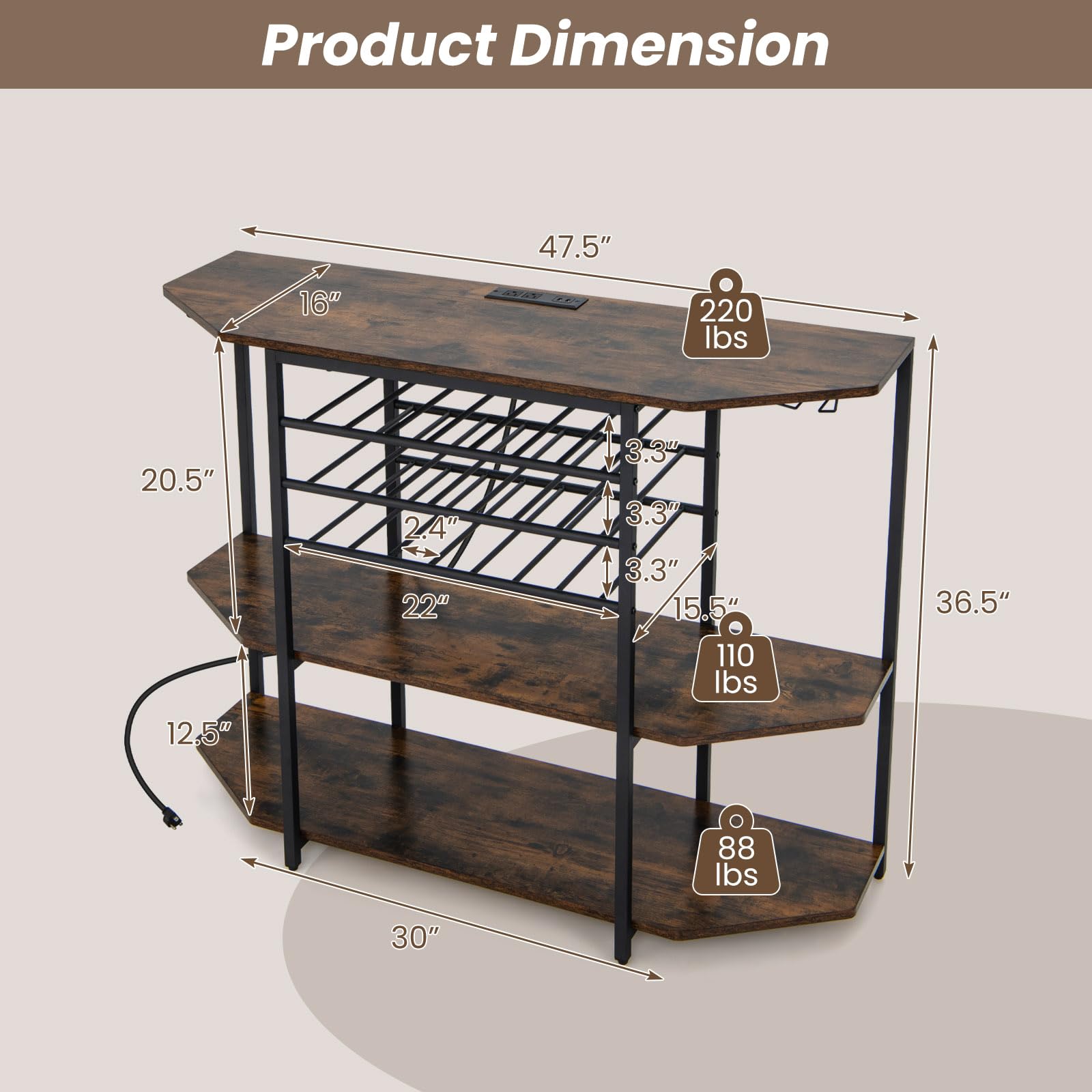 COSTWAY 3-Tier Wine Bar Cabinet with Power Outlets - Rustic Brown Liquor Storage with Wine Bottle Racks & Glass Holders, Freestanding Mini Bar Table for Kitchen, Dining Room, Home Pub or Office - Perfect for Entertaining Guests & Displaying Your Wine Collection