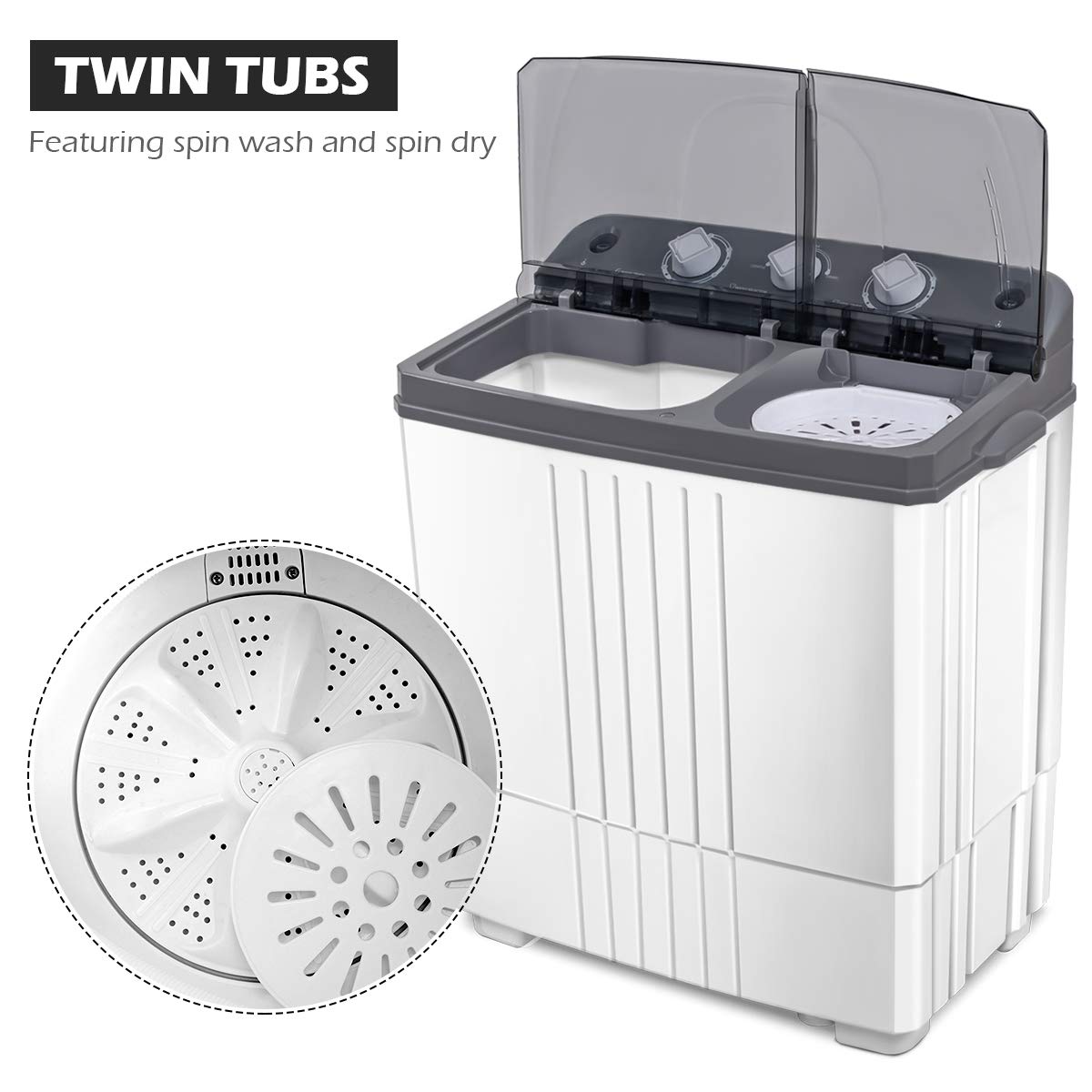 Giantex EP20313 Portable Washing Machine - 20lbs Capacity (12lbs Washer + 8lbs Spinner), Compact Laundry Solution for Apartments, RVs, Dorms & Small Spaces - Gray & White - Perfect for Travel, Camping & Tiny Homes