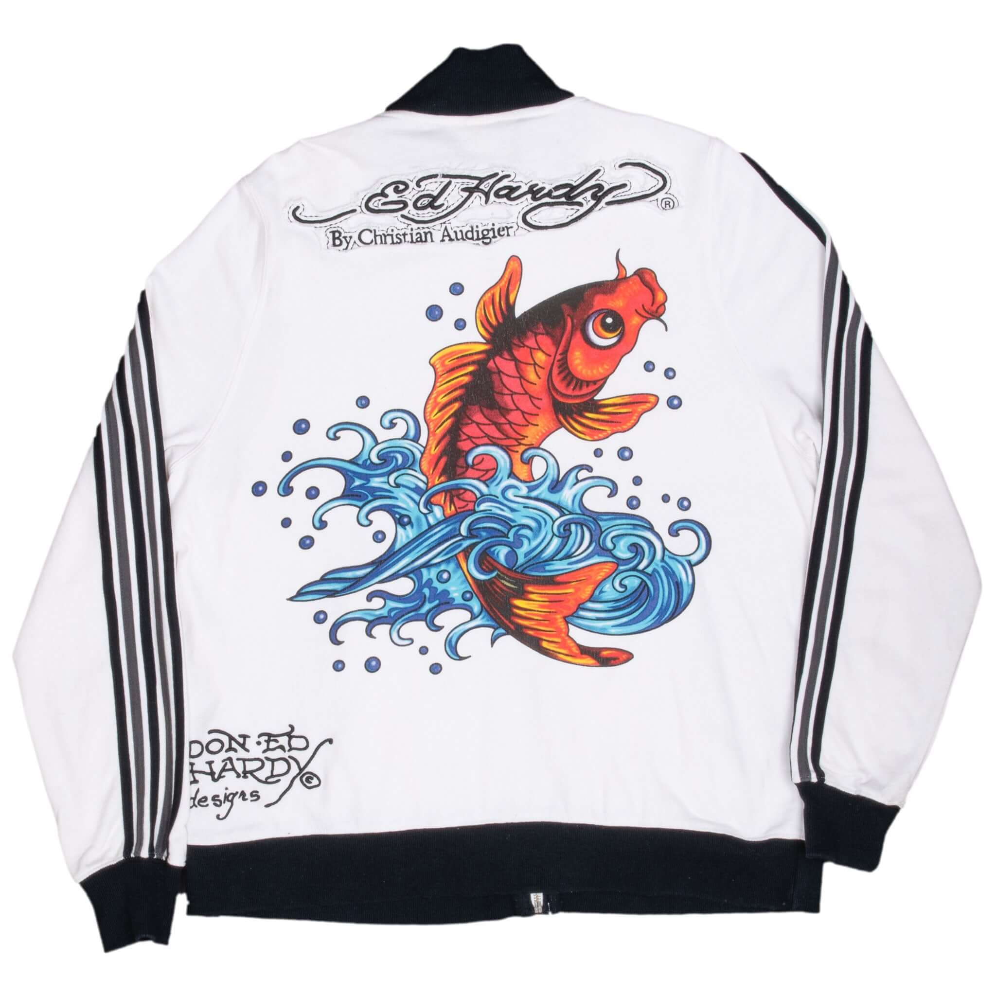 Vintage Ed Hardy Koi Fish Zip Up Sweatshirt Jacket White 2000s XL - Retro Streetwear for Men, Casual Outfit & Fashion Statement