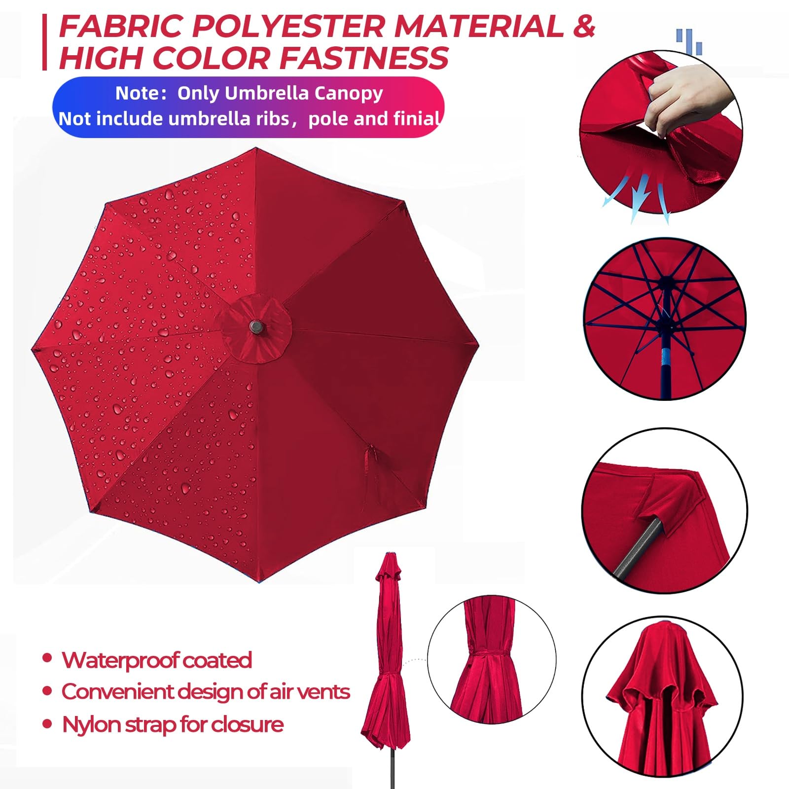 9ft Replacement Canopy for Patio Umbrella - Outdoor Table Market Yard Umbrella Top with 8 Ribs | Perfect for Backyard, Poolside, and Outdoor Dining Areas