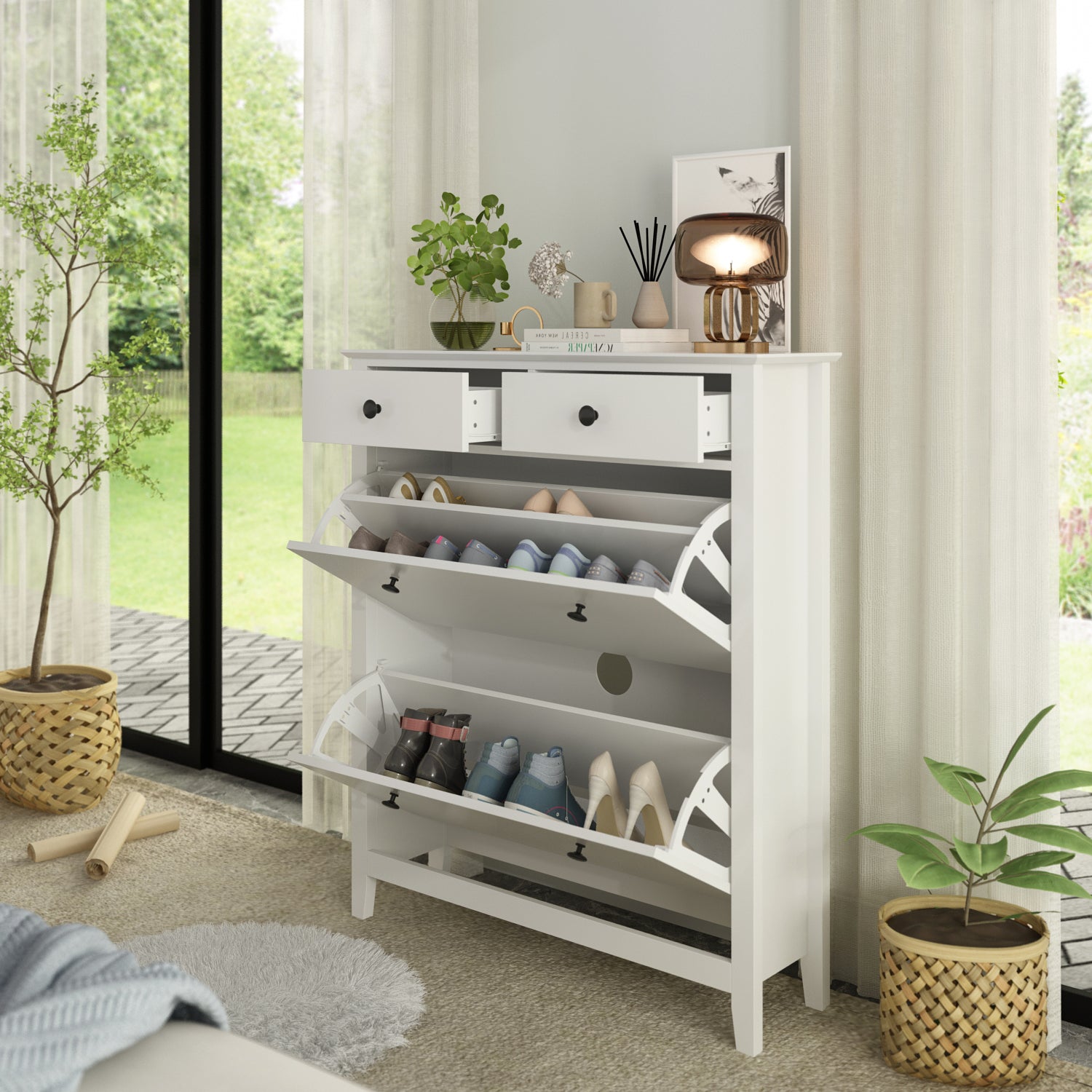 2-Tier Wooden Shoe Storage Cabinet with 2 Drawers - Entryway Shoe Rack Organizer for Closet, Bedroom & Living Room Organization