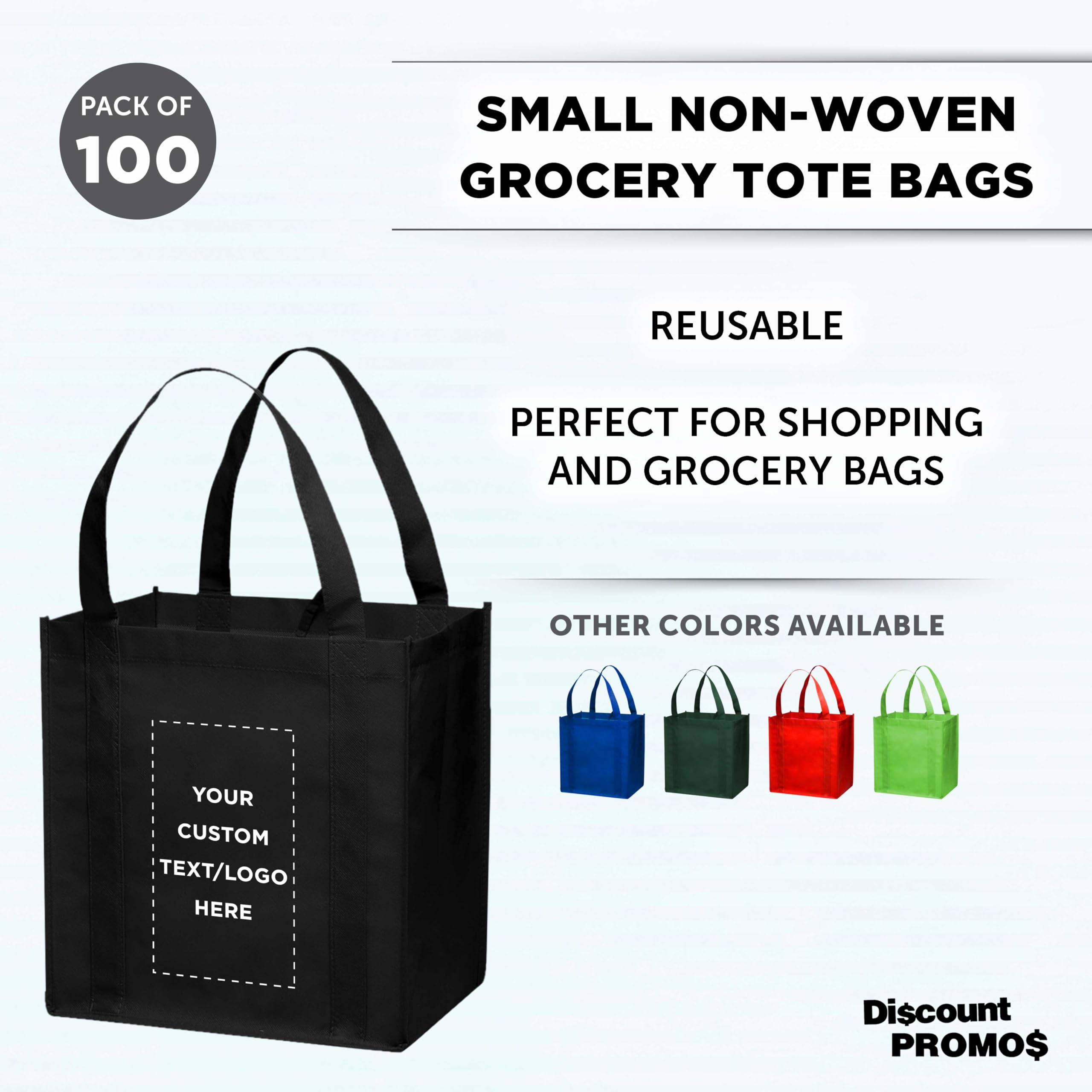 Custom Reusable Grocery Tote Bags 100 Pack - Personalized Logo & Text - Small Foldable Shopping Bags - Black (12.625
