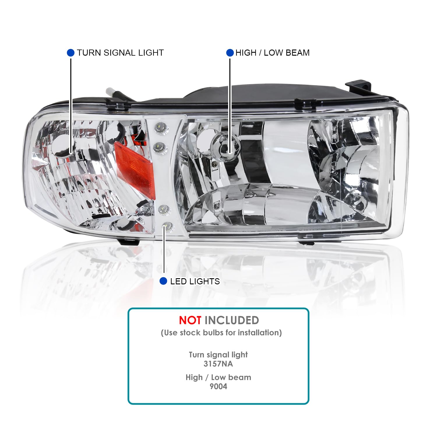Spec-D Tuning LED Headlights & Chrome/Clear Tail Brake Lamps for 1994-2001 Dodge Ram 1500/2500/3500 - Left & Right Pair - Upgrade Your Truck Lighting for Night Driving & Enhanced Visibility