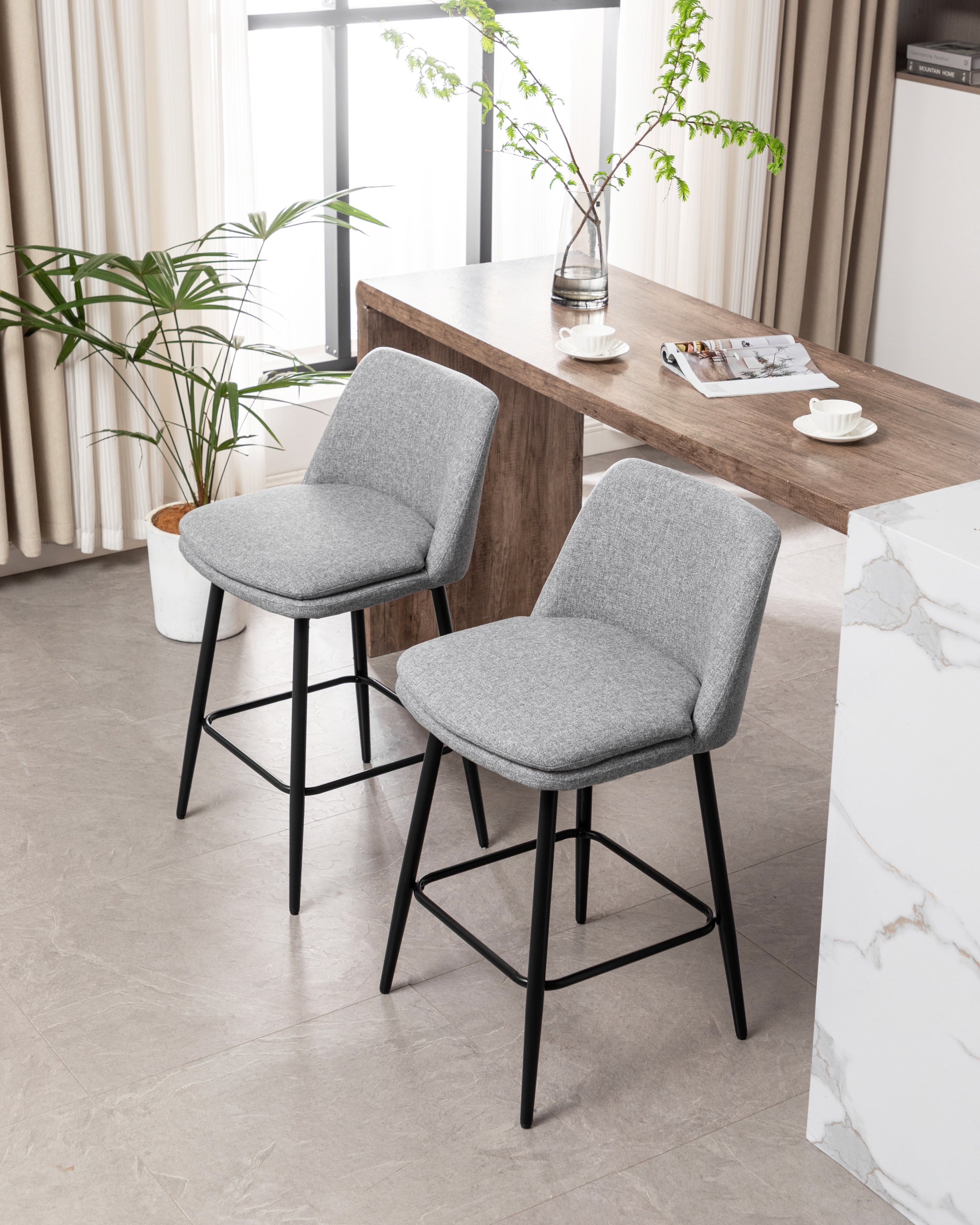 360° Swivel Counter Height Bar Stools Set of 2 - Upholstered with Back Support & Sturdy Metal Legs, 25.6