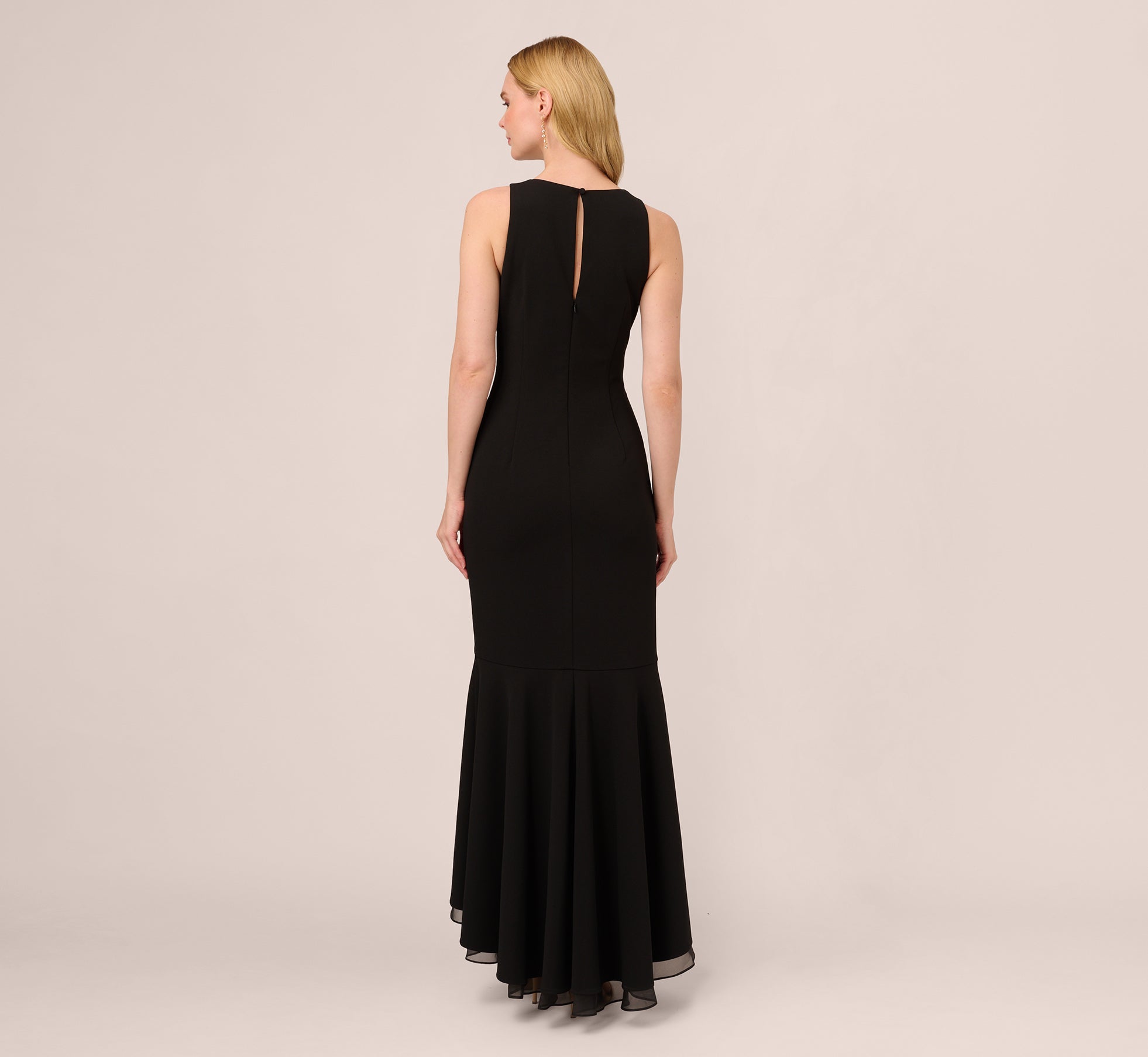 Elegant Black High Low Crepe Halter Gown with Organza Draping - Perfect for Evening Parties, Prom Dresses & Special Occasions