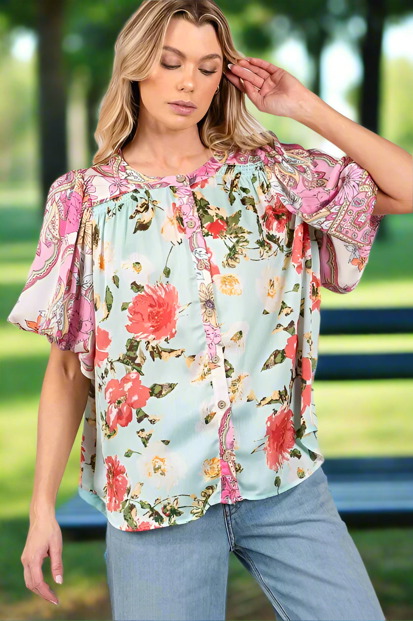 Plus Size Floral Print Mineral Wash French Terry Button Up Shirt for Women - Casual Loungewear & Spring Layering Top