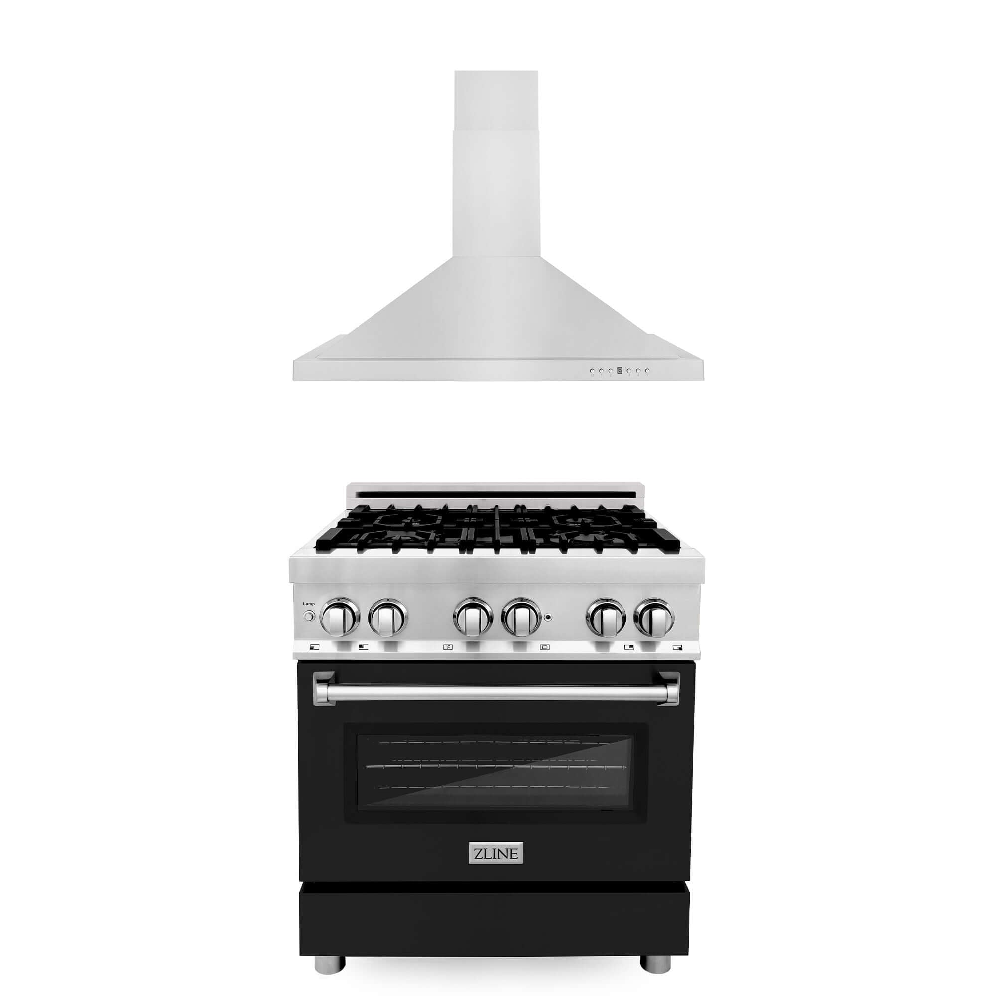 ZLINE 30 Inch Stainless Steel Dual Fuel Range with Black Matte Door & Convertible Range Hood - Professional Kitchen Package (2KP RABLMRH30) for Home Chefs & Modern Cooking Enthusiasts