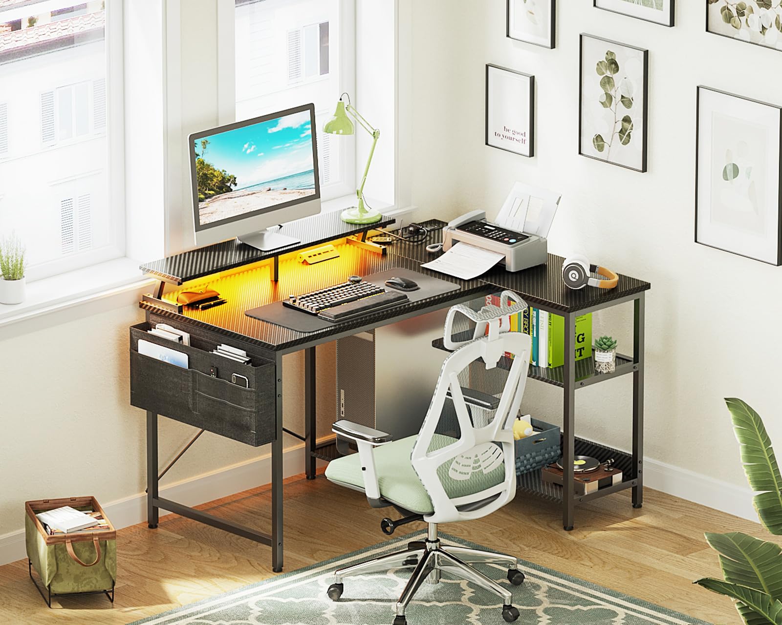 ODK 48 Inch L-Shaped Gaming Desk with USB Charging Ports, LED Lights & Power Outlets - Reversible Corner Computer Desk with Storage Shelves & Monitor Stand (Black) - Perfect for Gamers, Streamers & Home Office Setup