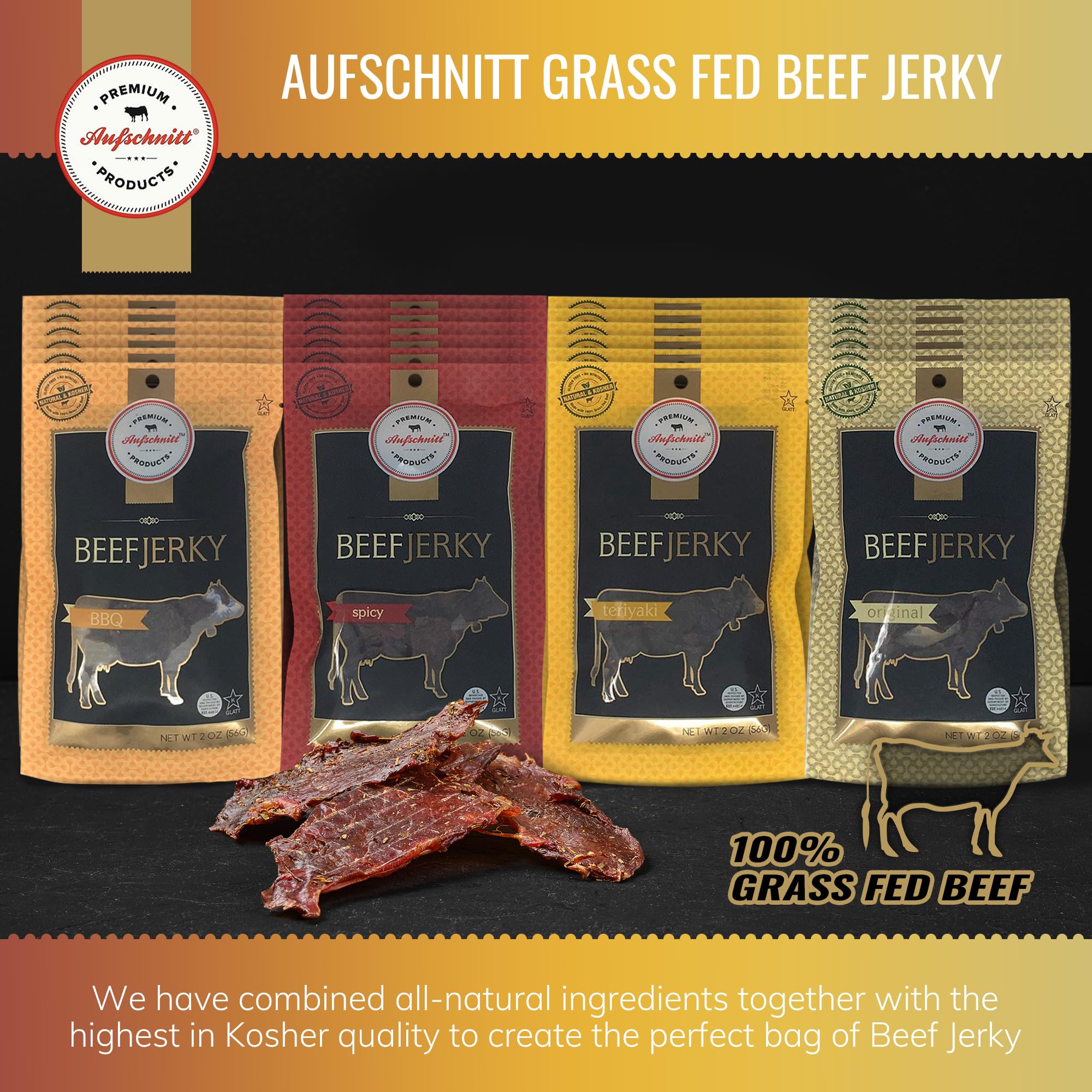 Premium Grass Fed Beef Jerky - Low Sodium, Kosher Certified, Keto & Halal Friendly - 24 Pack Variety Assortment - Perfect for Snacking, Hiking, Travel & Protein Boost - Made in USA