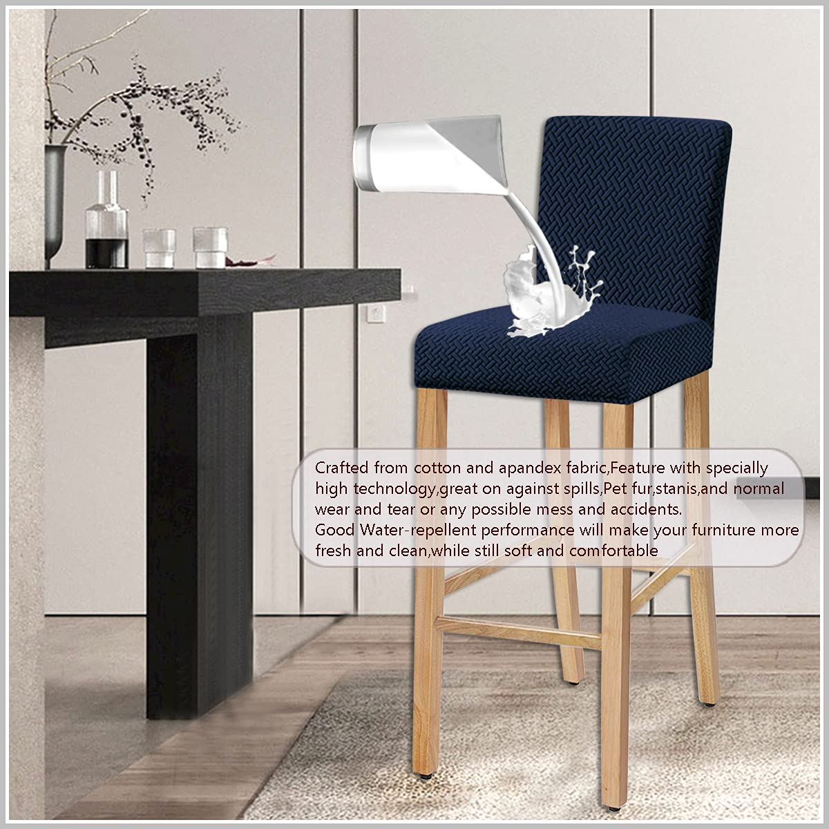 Waterproof Stretch Jacquard Bar Chair Covers - Washable & Removable Slipcovers for Dining Chairs, Bar Stools & Back Chairs (Set of 2, Navy) - Perfect for Restaurants, Cafes & Home Dining Rooms