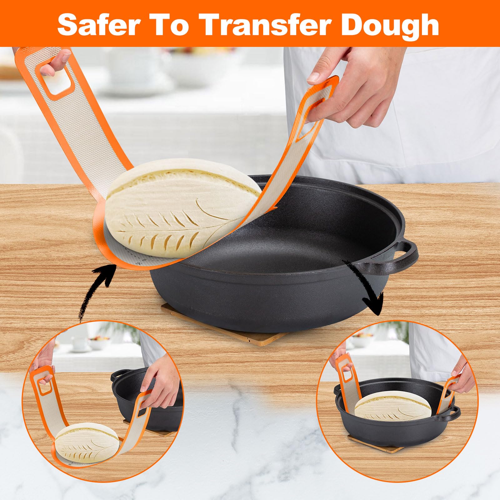 Non-Stick Silicone Bread Sling for Dutch Oven Baking - Extra Long Handles, Reusable & Easy Clean Sourdough Bread Mat - Perfect for Artisan Bread, Homemade Loaves & Baking Enthusiasts (Orange, 2-Pack)