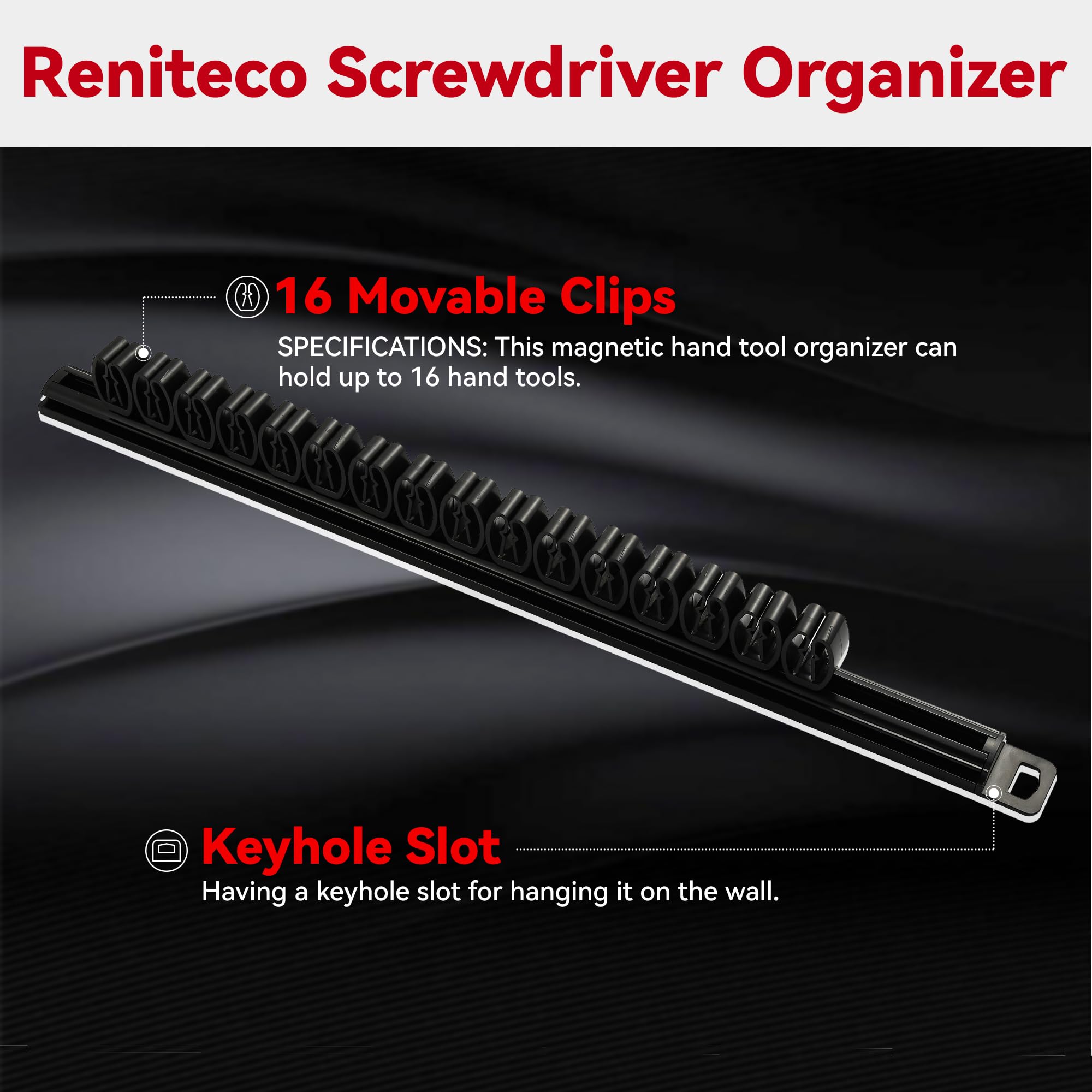 Premium Magnetic Screwdriver Organizer - Black Aluminum Rail with Keyhole Slot & 16 Clips | Heavy Duty Tool Storage for Workshop, Garage & DIY Projects