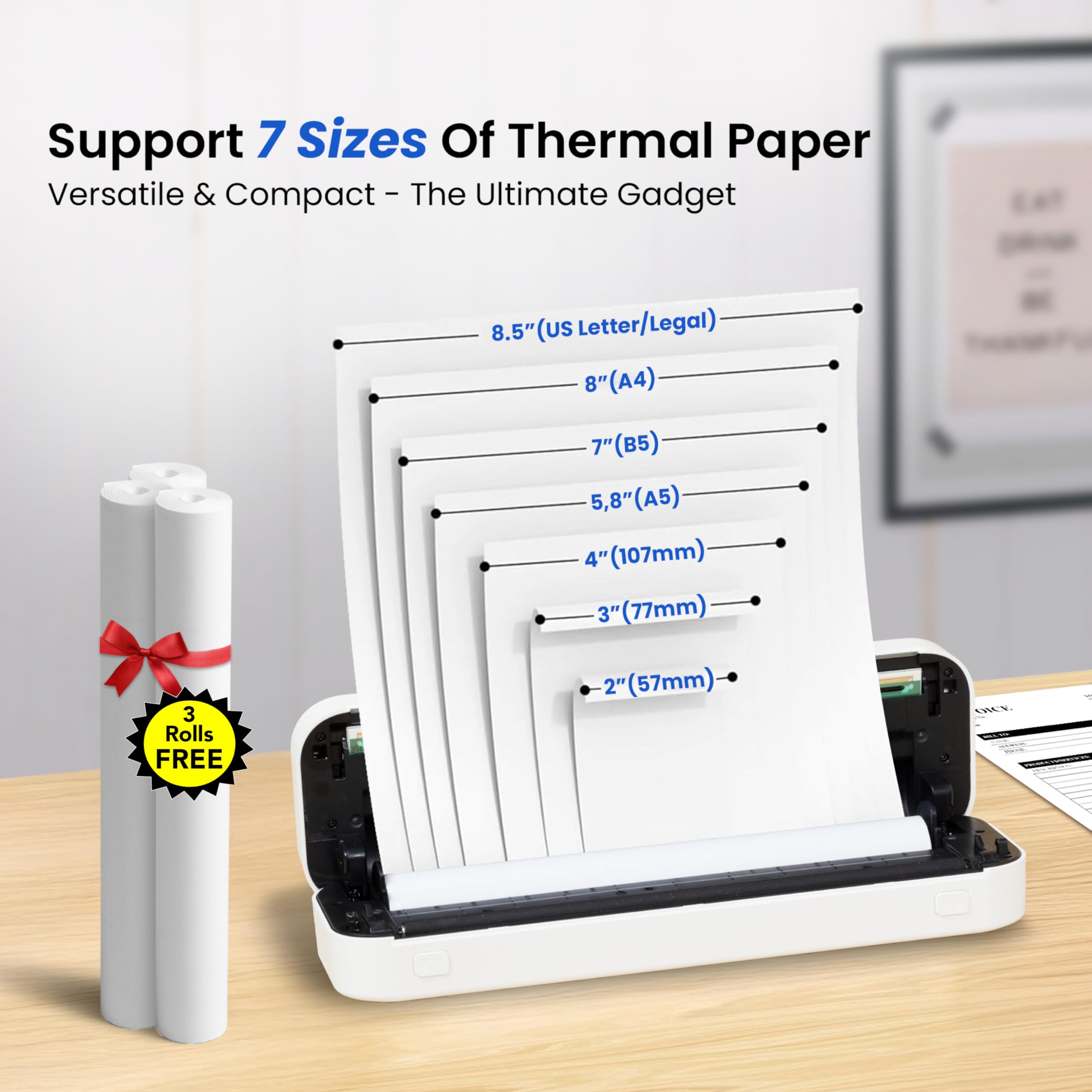 Wireless Bluetooth Thermal Printer for Travel - Portable Inkless Printer with 8.5x11 US Letter Support, Compatible with iOS, Android, Mac & Windows - Perfect for Office, Home, Car Use (Includes Case + 3 Thermal Rolls Kit)
