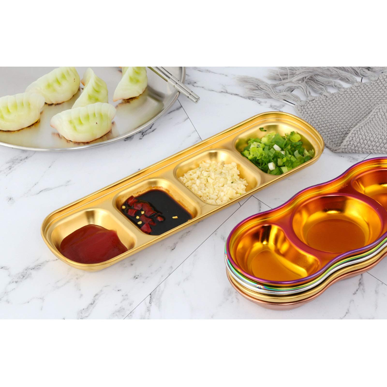 304 Stainless Steel 4-Compartment Sauce Dipping Bowls - Durable Condiment Serving Dishes for Appetizers, Fruits, Snacks & Soy Sauce - Perfect for Parties, BBQs, Sushi & Asian Cuisine