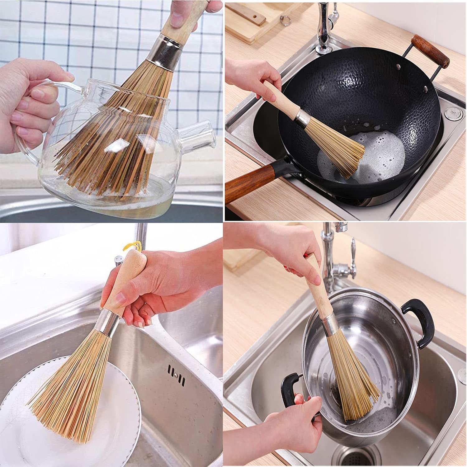 2-Pack Natural Bamboo Wok Brushes - Eco-Friendly Kitchen Cleaning Brush for Pots, Pans, Dishes & Vegetables | Perfect for Cast Iron Cookware, Stainless Steel Sinks & Daily Kitchen Cleaning