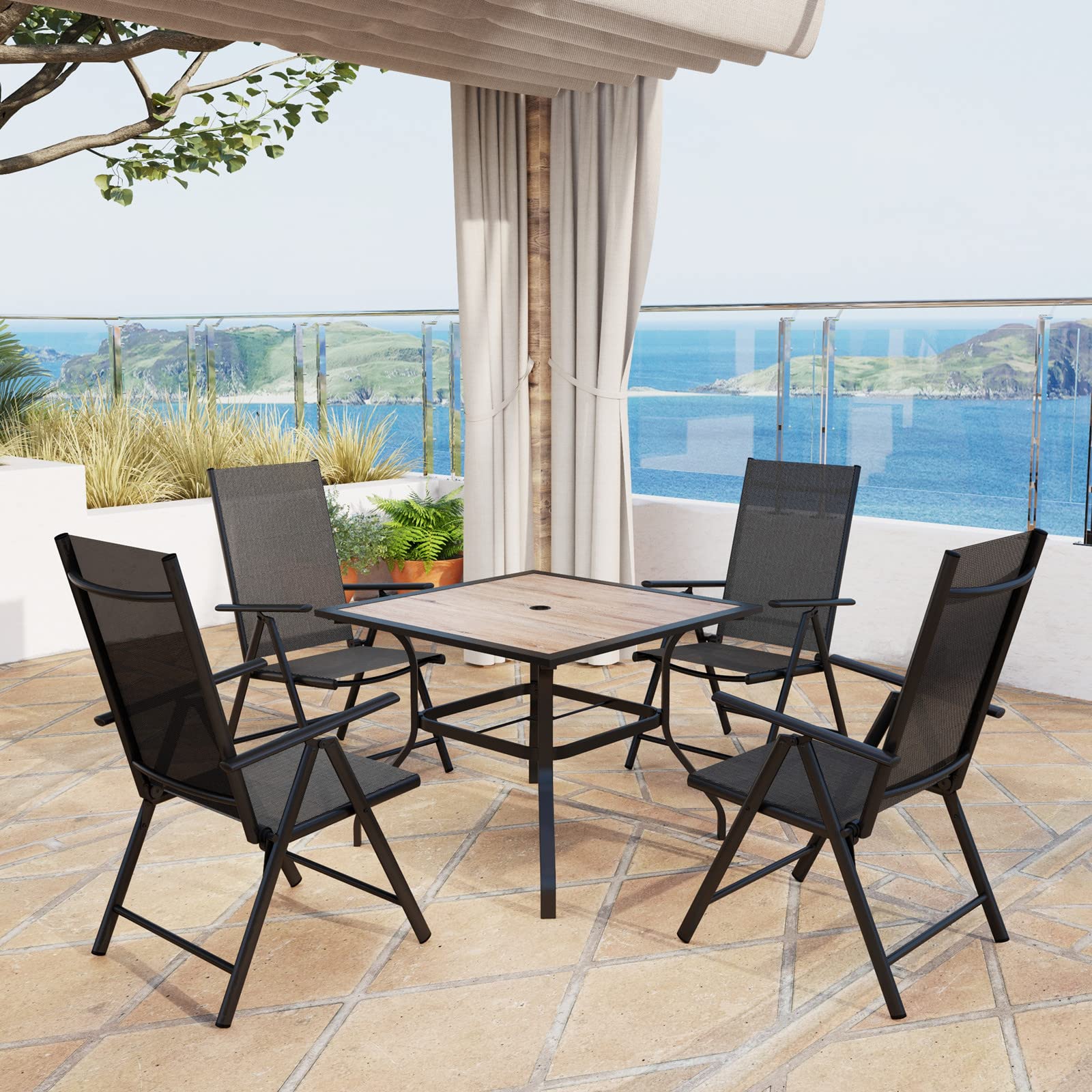 MFSTUDIO 4-Piece Outdoor Dining Set - Adjustable Height Aluminum Folding Chairs with Wood-Like Table Top - Patio Furniture for Backyard, Garden & Poolside Dining - Black