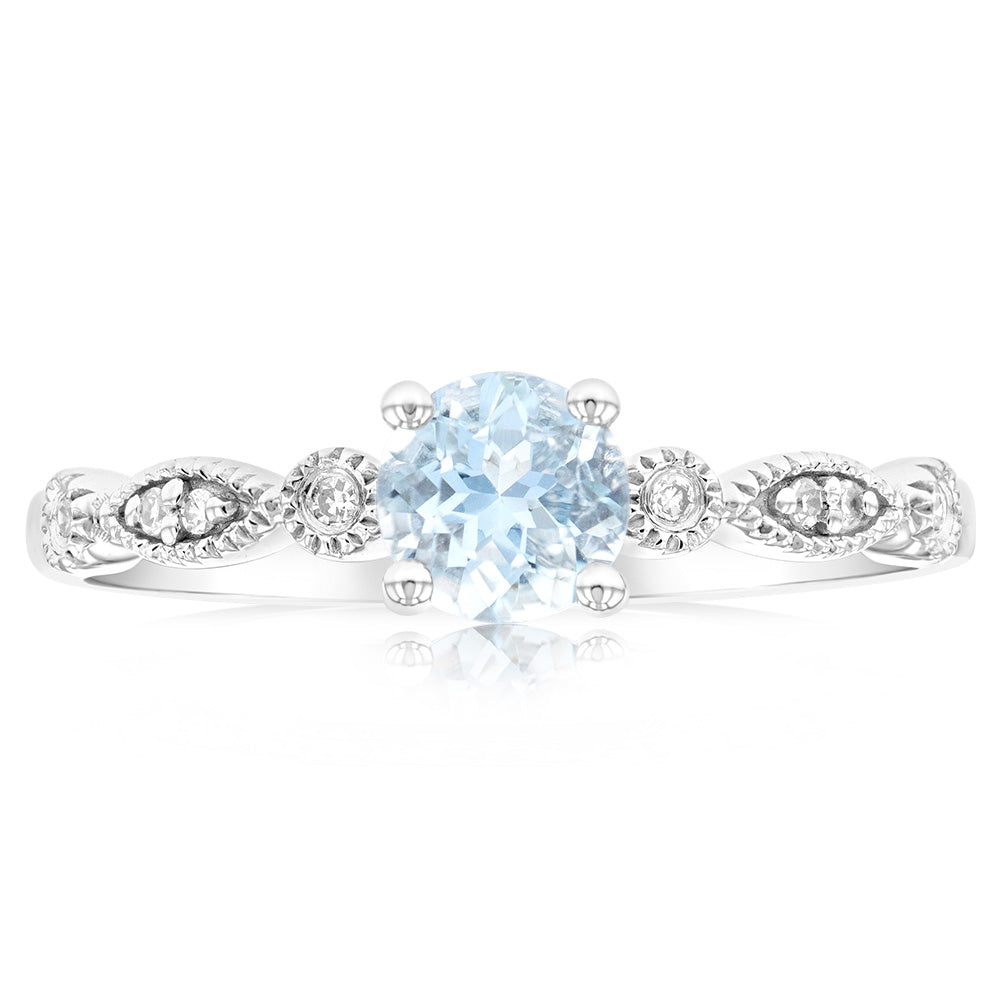 0.45ct Aquamarine and Diamond Ring in 9ct White Gold - Elegant Round Cut Gemstone Jewelry for Engagement, Wedding & Special Occasions