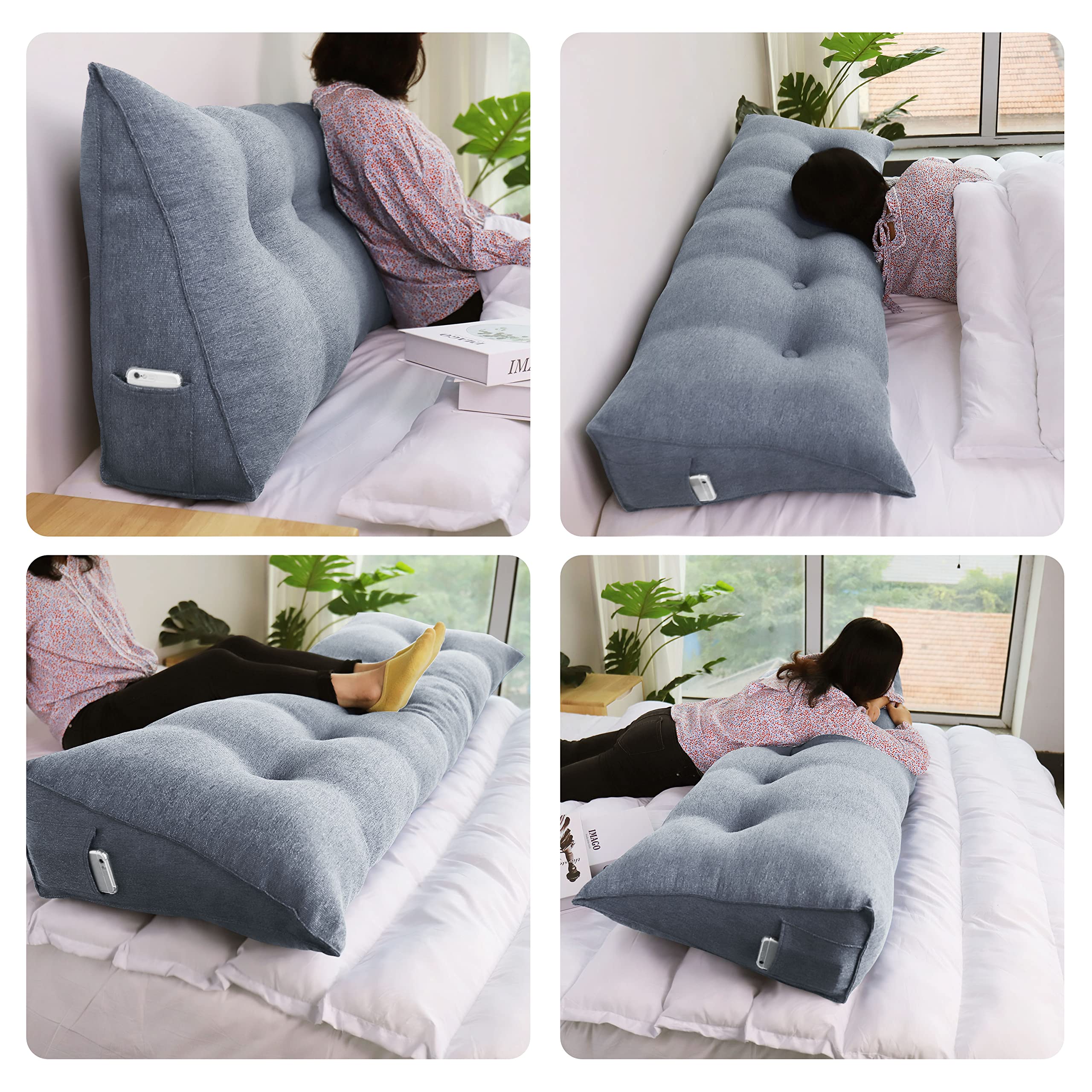 76 Inch Grey Linen Upholstered Triangular Headboard Wedge Pillow - Daybed & Bed Headboard Support, Lumbar Positioning Cushion for Reading, Relaxing & Gap Filling
