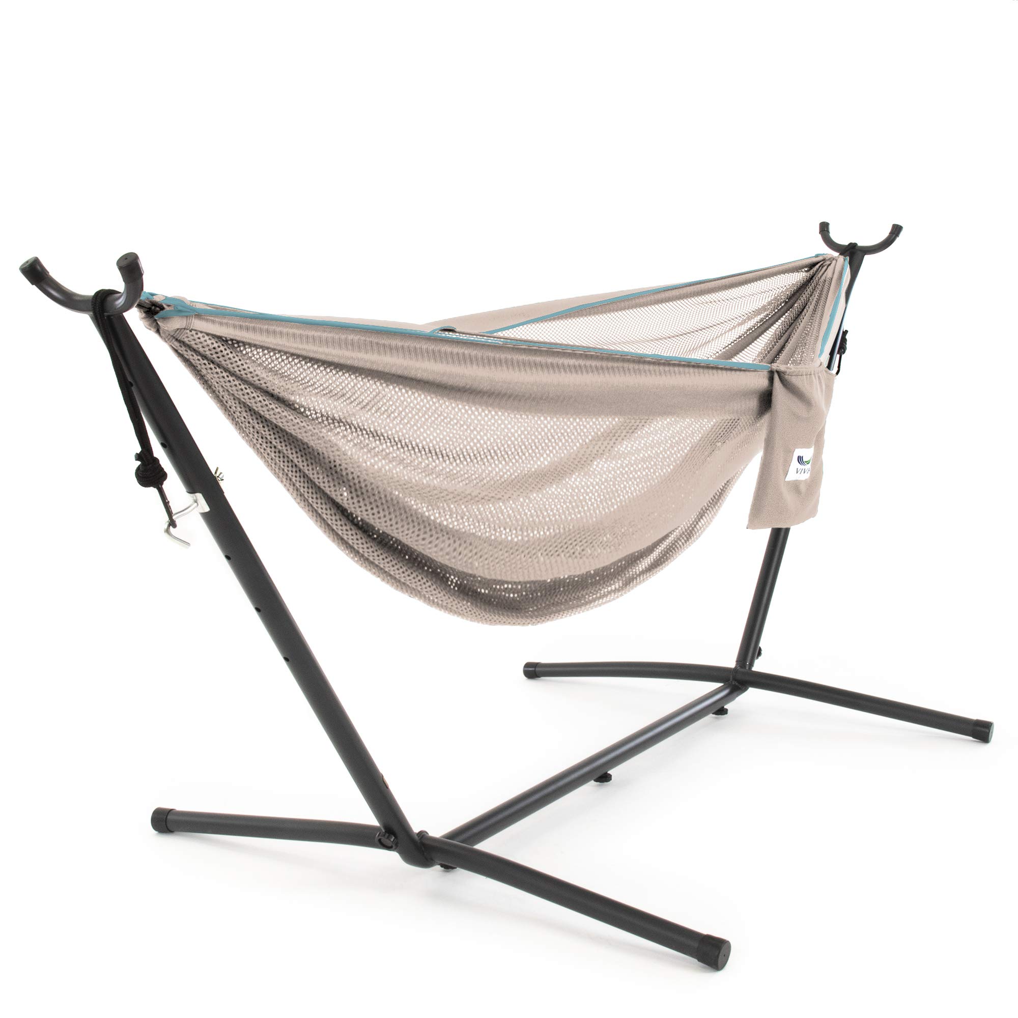 Vivere C9MESH-44 Hammock with Stand - Sand & Sky Color - Portable Outdoor Hammock for Backyard, Beach, Camping & Relaxation