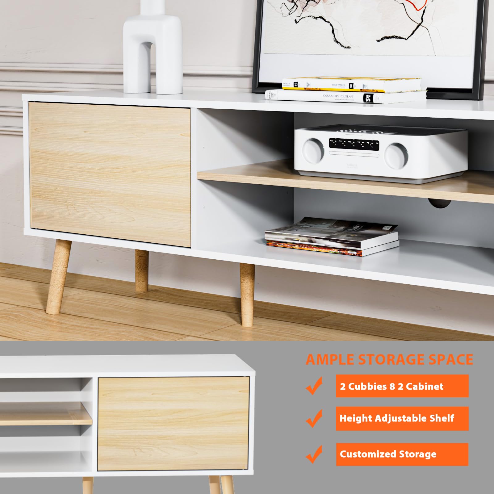 75 Inch TV Stand with Storage - Wooden Media Console Entertainment Center, 2 Cabinet Design, White & Oak Finish - Perfect for Living Room & Bedroom Furniture Organization