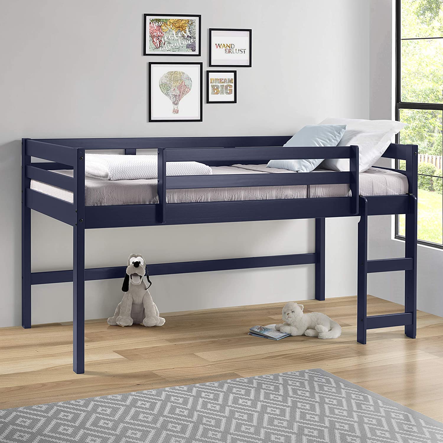 Harper & Bright Designs Low Loft Bed Twin Size Wooden Loft Bed Frame with Ladder for Kids, Navy Blue - Perfect for Small Bedrooms, Kids' Rooms & Space-Saving Solutions