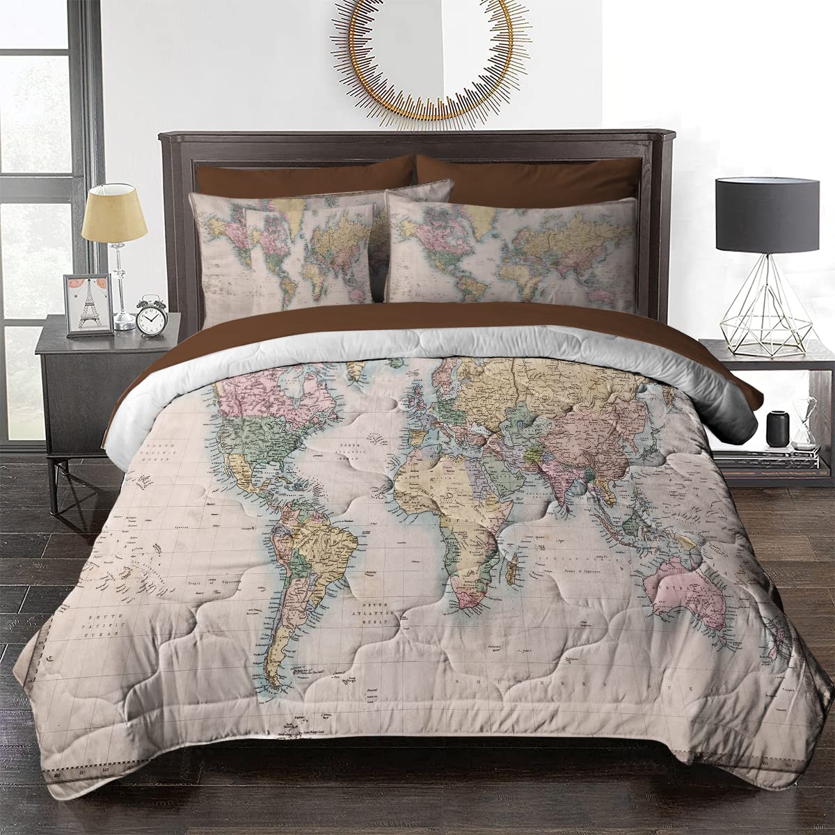 BlessLiving Vintage World Map Comforter Set - 8 Piece Queen Size Bedding Set with Comforter, Sheets, Pillowcases, Shams & Cushion Cover | Retro Map Design for Bedroom Decor, Travel Theme Room, Gift for Geography Lovers