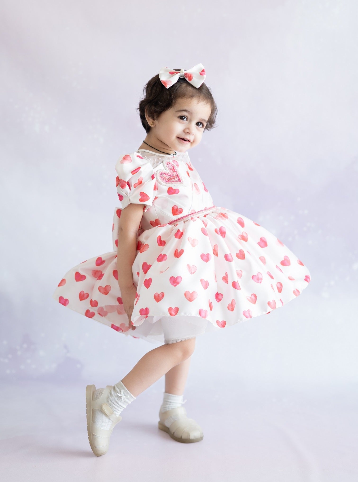 Pre Order: Heart Printed Soft Satin Flared Dress - Elegant Women's Party Dress for Valentine's Day, Date Night & Special Occasions