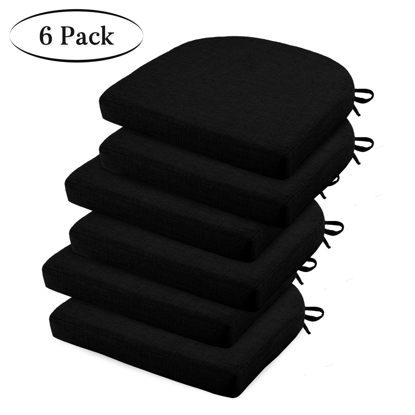 6 Pack Non-Slip Dining Chair Cushions with Ties - 16x16 Inch Kitchen Chair Pads for Comfortable Seating - Perfect for Dining Room, Kitchen, Office & Outdoor Use (Black)