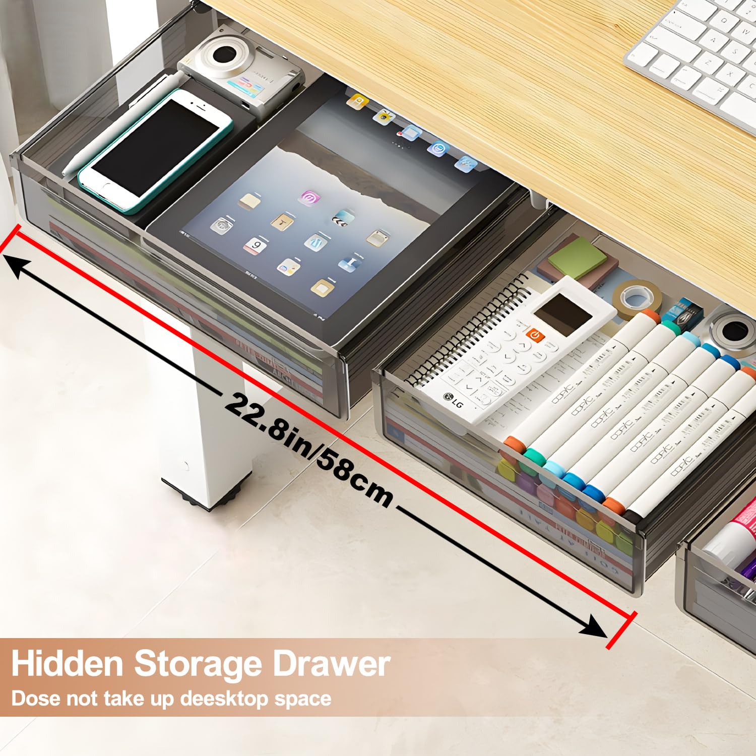 Under Desk Storage Organizer - 2 Pack Slide Out Drawers (Large & Medium) for Office Supplies, Hidden Desktop Organizer with Attachable Pencil Tray | Perfect for Home Office, Study Desk & Workspace Organization