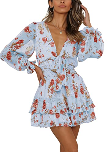 SySea Women's Summer Mini Dress - Tie Front V Neck Long Sleeve Ruffle Swing A-Line Dress for Wedding Guest, Party, Date Night & Special Occasions