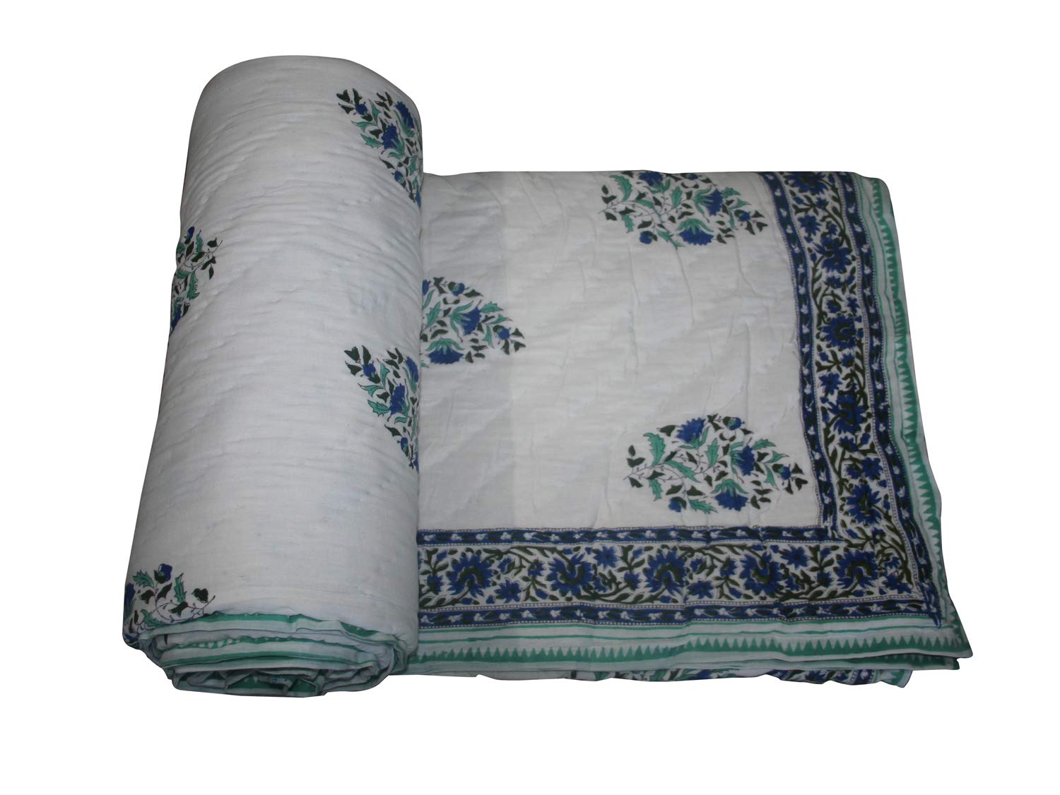 Handmade Indian Block Print Kantha Quilt - 100% Pure Cotton Jaipuri Throw Blanket (108x108 Inches King Size) - Perfect for Bedding, Sofa Decor & Boho Home Styling