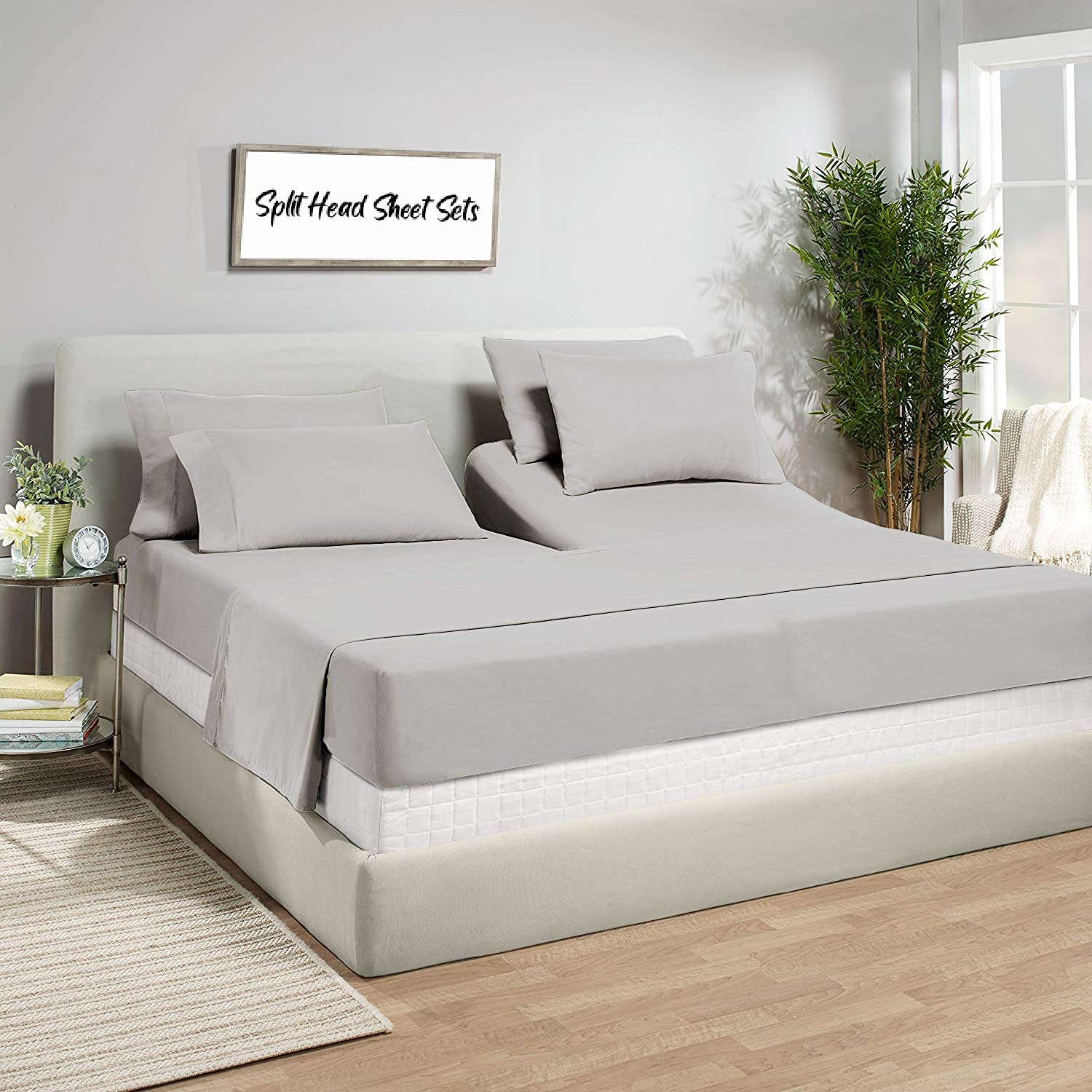 Split King Sheets Set for Adjustable Beds - 400 Thread Count 100% Cotton Deep Pocket Half Split King Sheets - Light Grey Solid - Perfect for Adjustable Beds, Sleep Number Beds & Couples with Different Sleeping Preferences