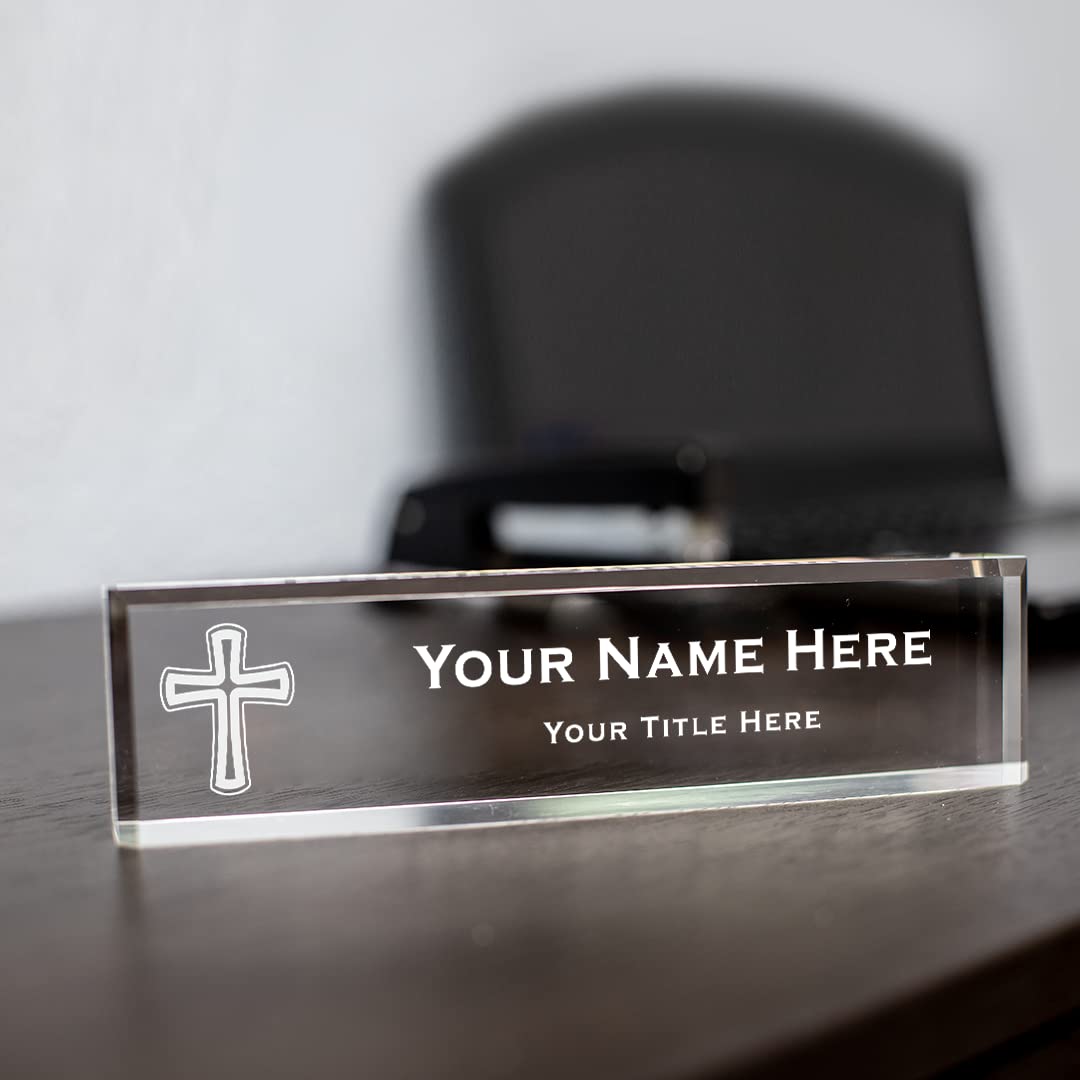 Personalized Acrylic Desk Sign with Cross Design - Church Themed Office Decor (2 x 10 Inch) - Perfect for Pastor's Desk, Christian Gifts & Church Events
