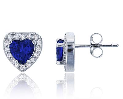 Sterling Silver Rhodium Plated 6mm Heart Cut Sapphire & Cubic Zirconia Halo Stud Earrings for Women - Perfect Gift for Valentine's Day, Anniversary or Birthday