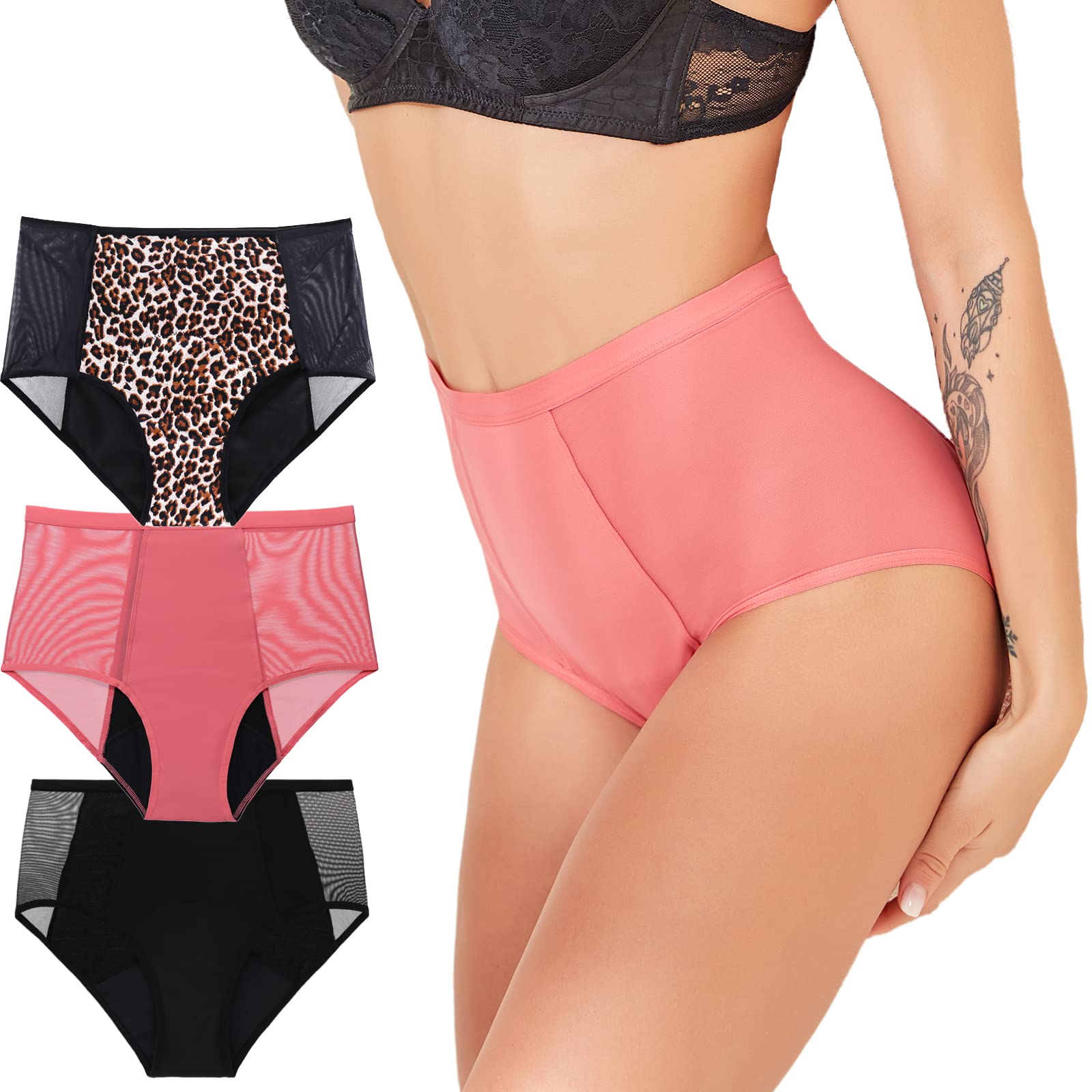 4-Layer Leak-Proof Sexy Mesh Breathable Period Panties for Women - Quick Absorption Menstrual Underwear (3 Pack - Leopard, Black, Pink, 3X-Large) - Comfortable Overnight & Daily Wear Protection for Heavy Flow Days