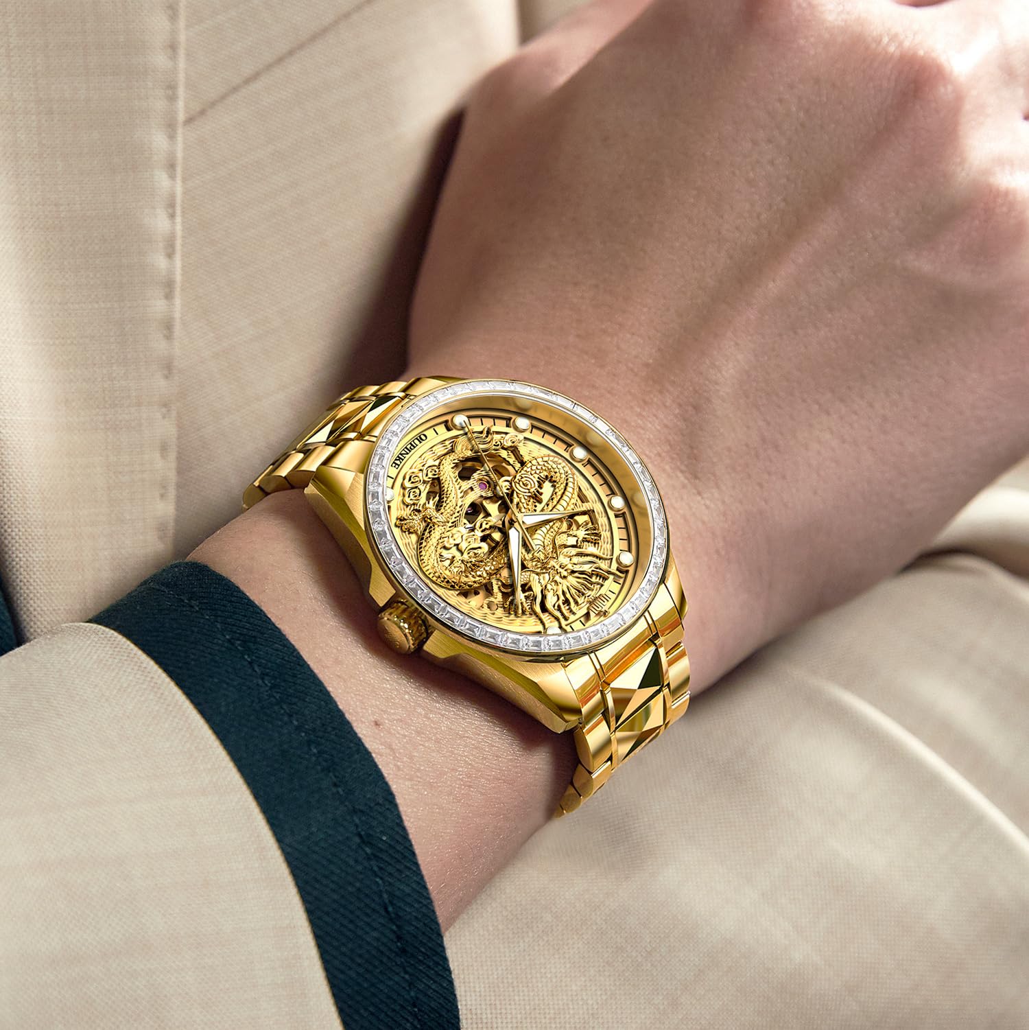 Luxury Automatic Self-Winding Mechanical Watch for Men - Gold Dragon Skeleton Design with Sapphire Crystal, Diamond Accents & Tungsten Steel Band - Waterproof & Luminous Dress Watch - Perfect for Formal Events, Business Meetings & Special Occasions