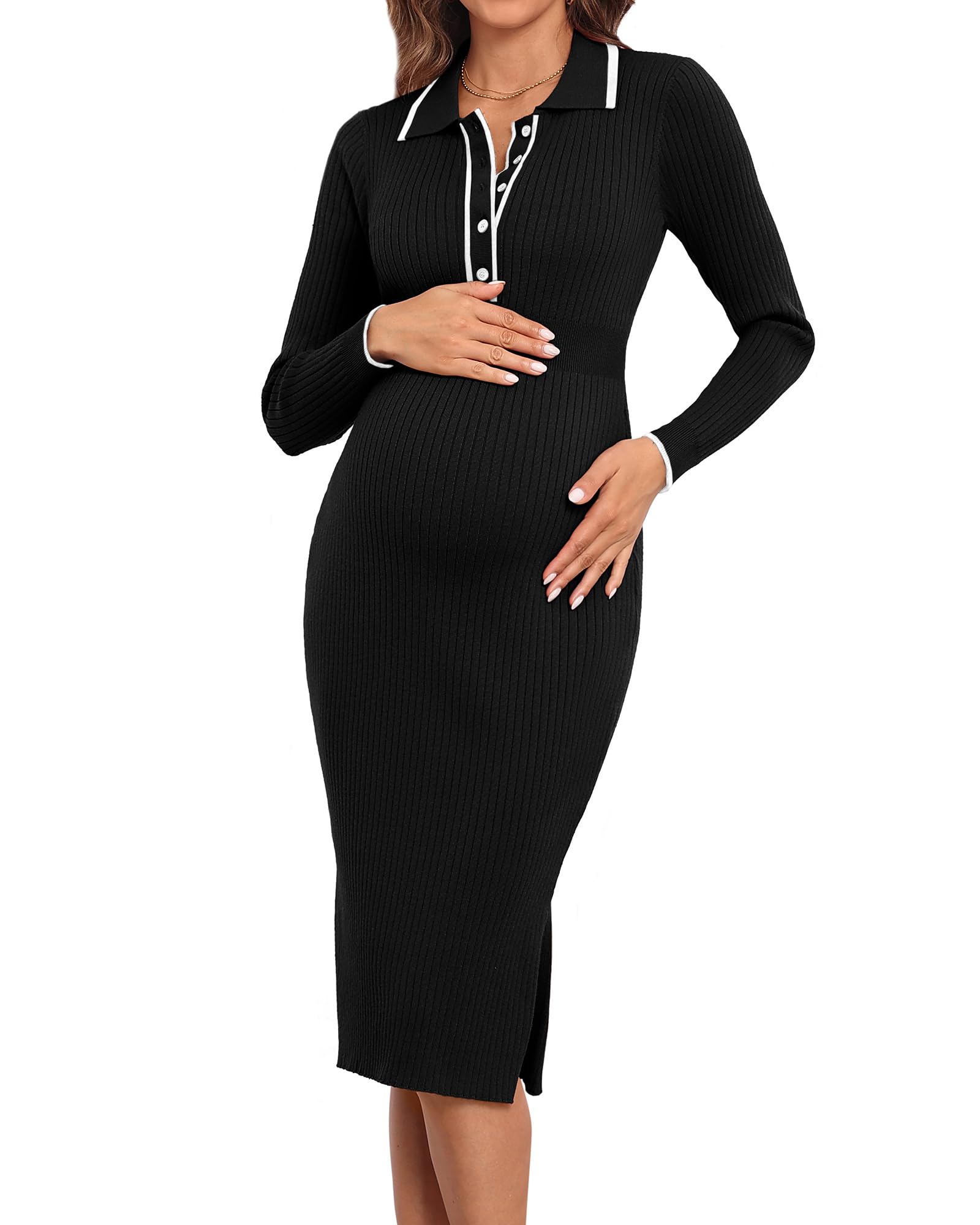V FOR CITY Women's Maternity Sweater Dress - Spring Wrap V-Neck Pleated A-Line Waist with Belt for Pregnancy Photoshoot & Baby Shower - Comfortable Nursing Dress for Expecting Moms (Office, Date Night, Family Gathering)