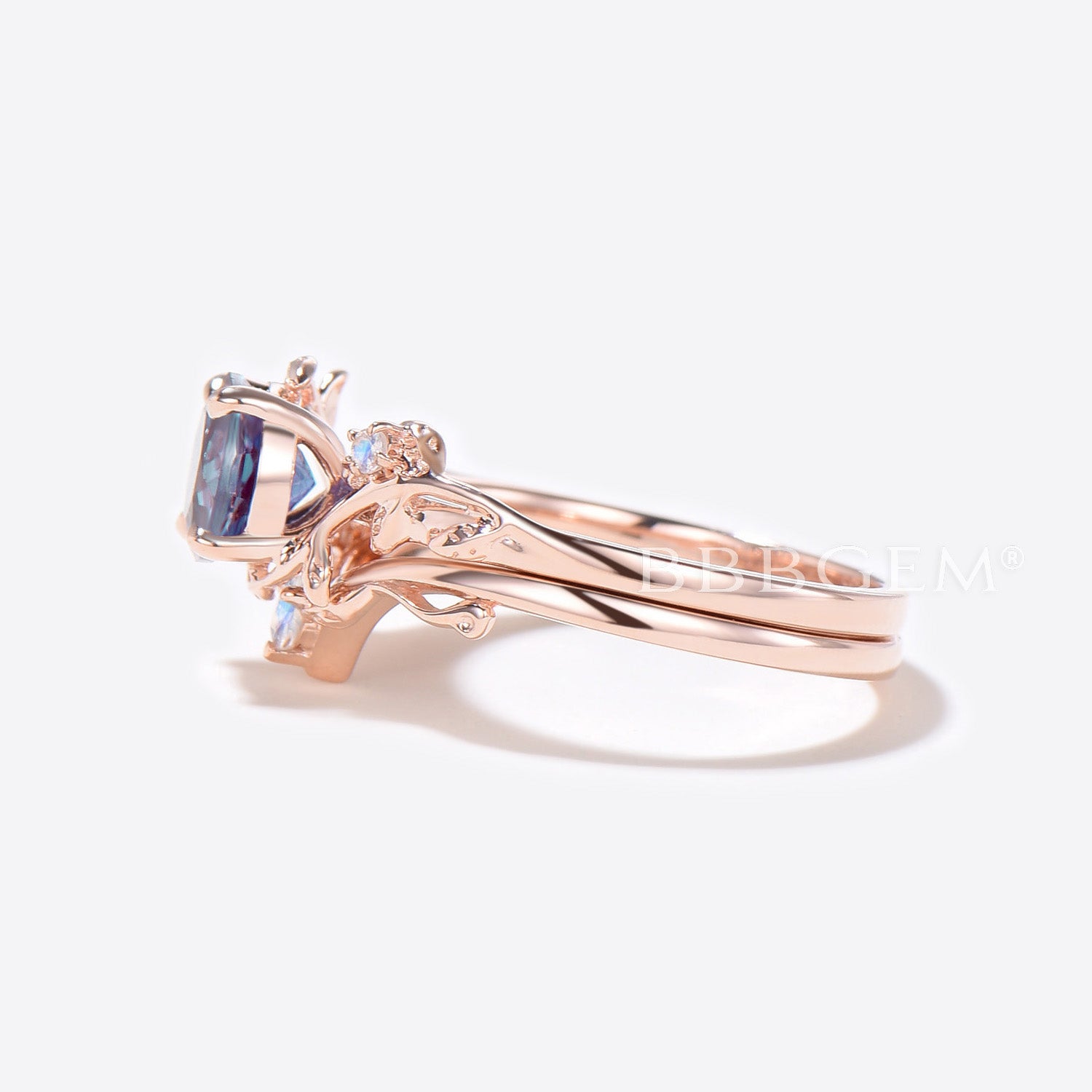 Rose Gold Leaf Round Alexandrite Engagement Ring Set - Vintage Branch Vine Moonstone Wedding Band - Perfect for Bridal Jewelry, Anniversary Gifts & Romantic Proposals